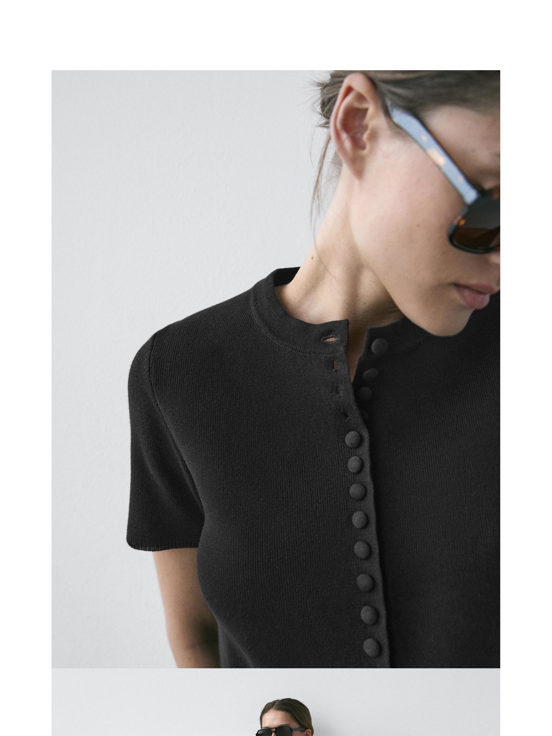 Cotton short sleeve knit cardigan — BLACK