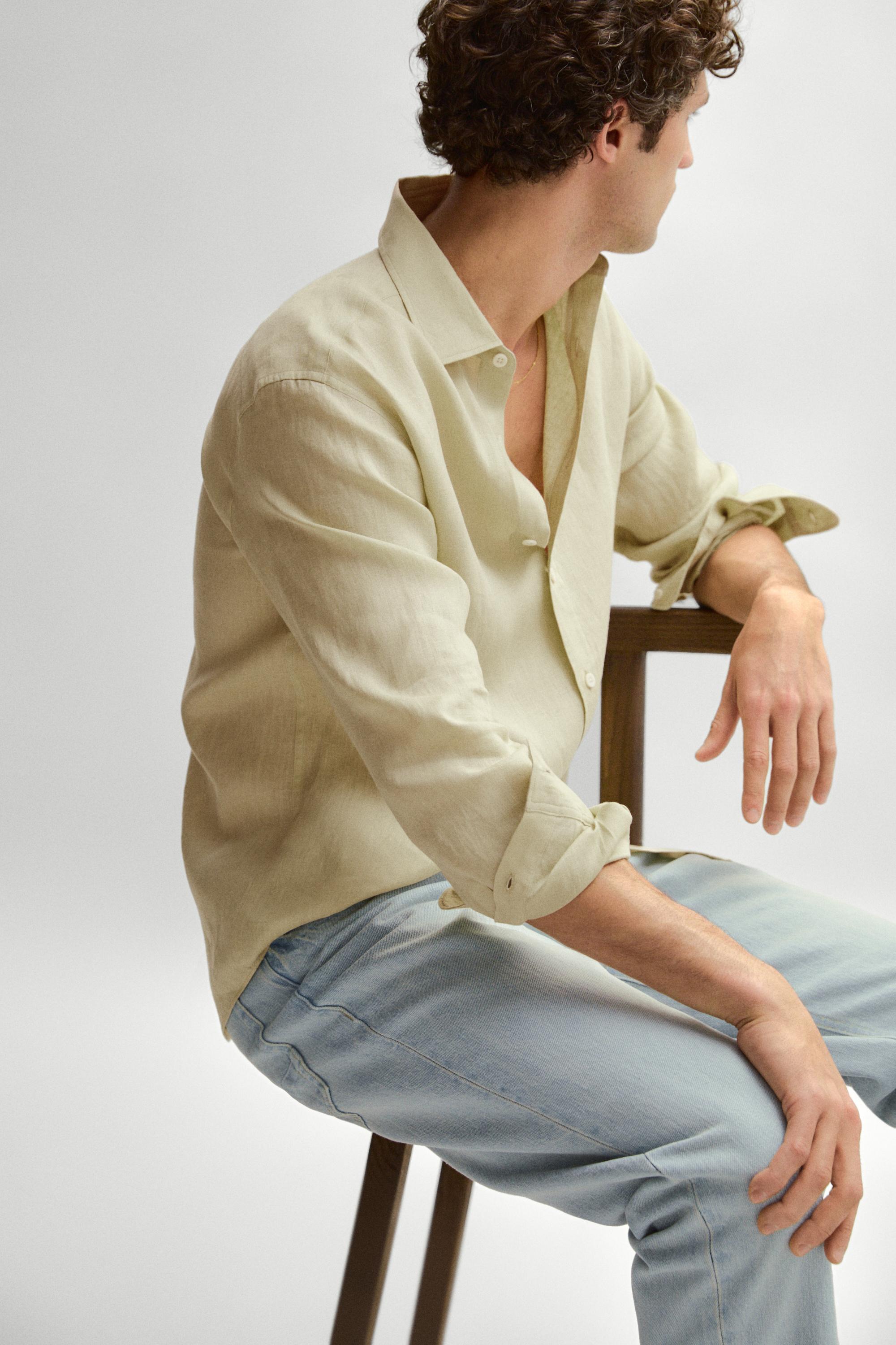 Slim fit 100% linen shirt — PALE GREEN