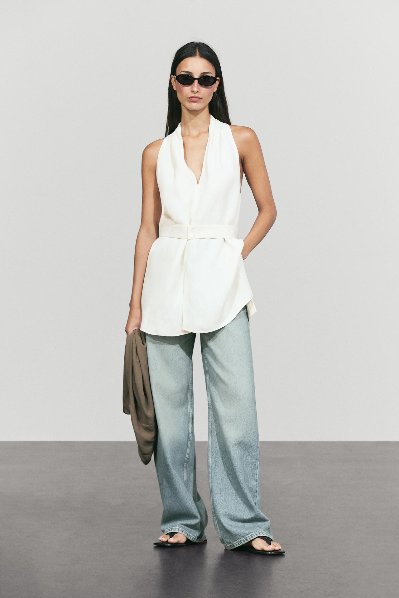 Flowing linen blend vest with belt detail — Off white