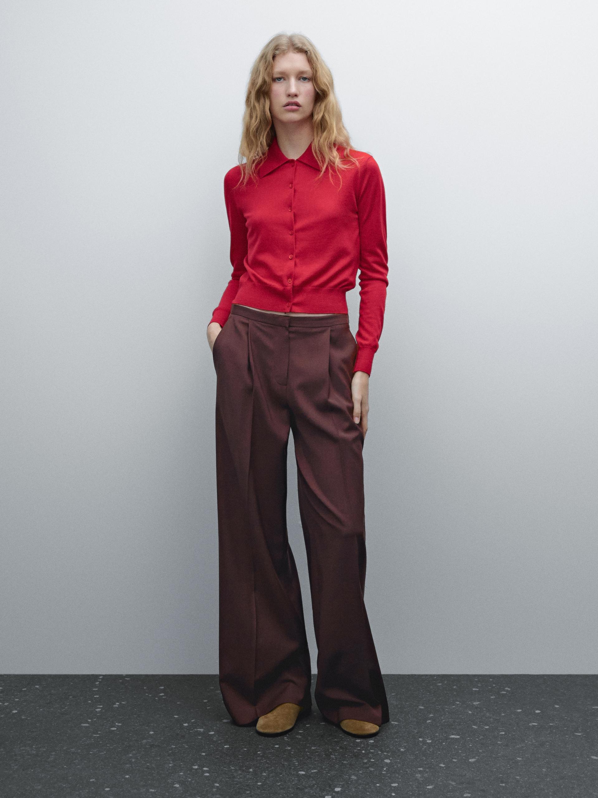 Dzianinowy Kardigan Ze 100% Wełny - Czerwony - Xs - Massimo Dutti - Kobieta