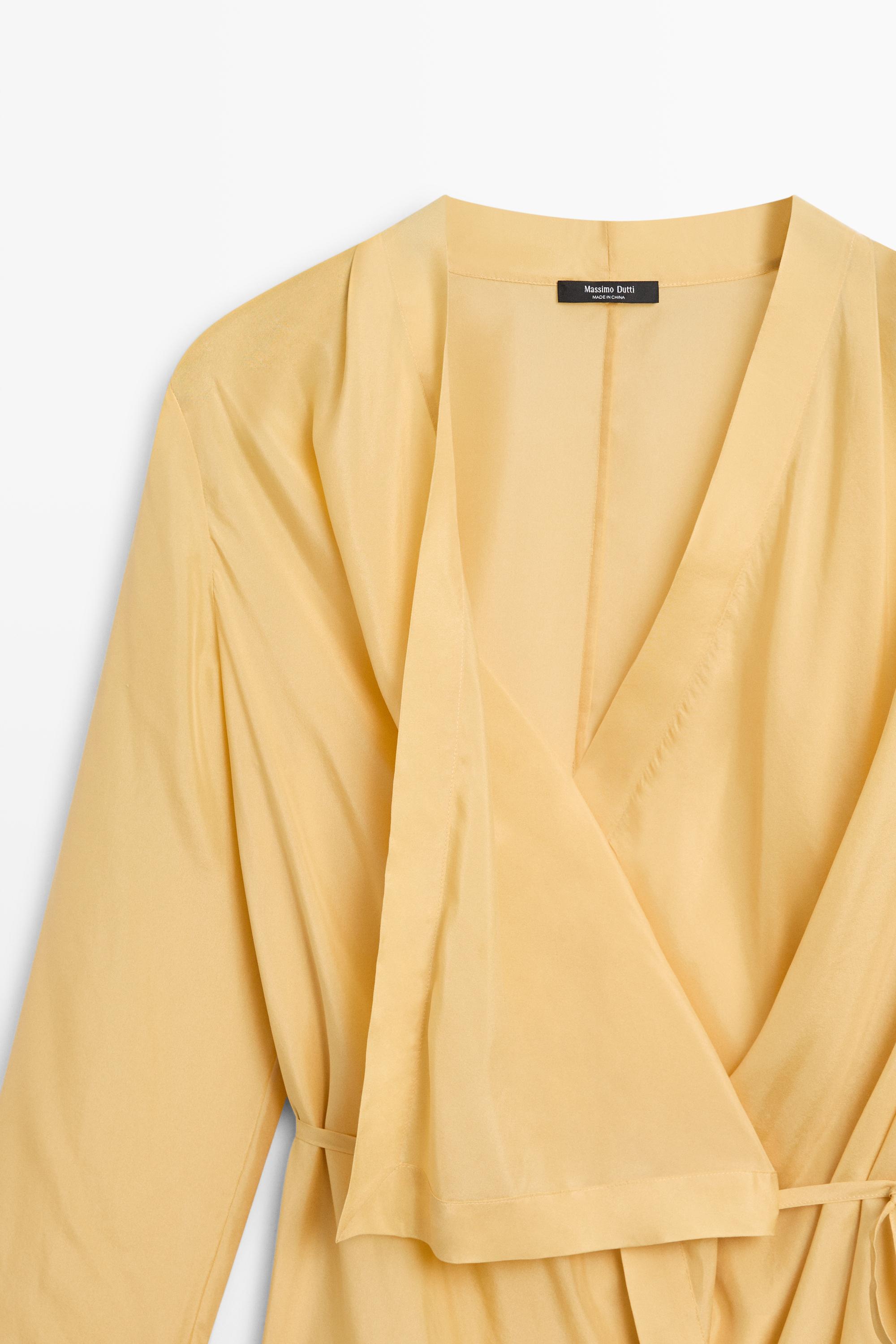 100% silk flowing wrap shirt — Mustard