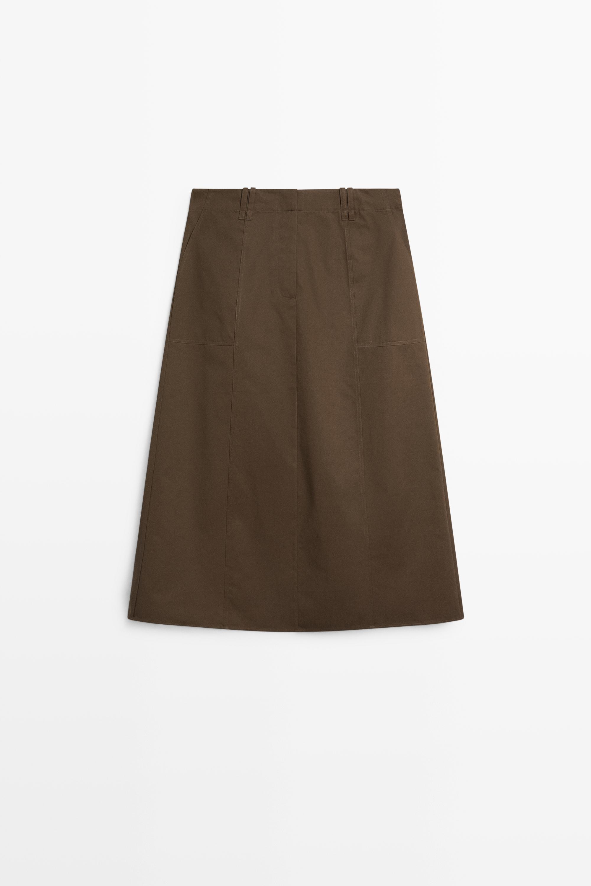 100% Cotton Midi Skirt — BROWN