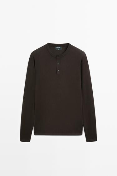 100% Cotton Henley Neck Knit Sweater — BROWN MARL 2