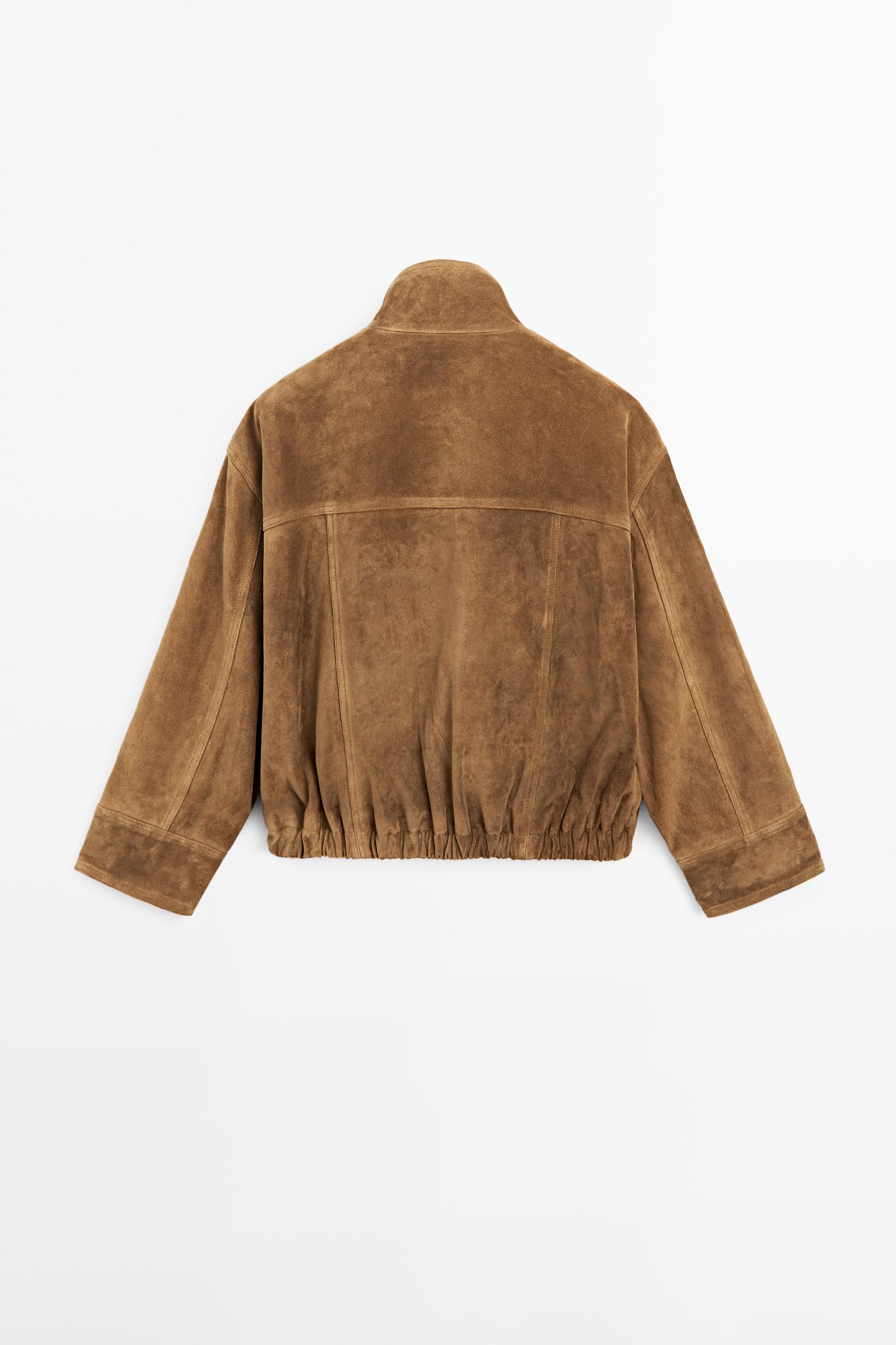 Short suede leather bomber jacket — CAMEL