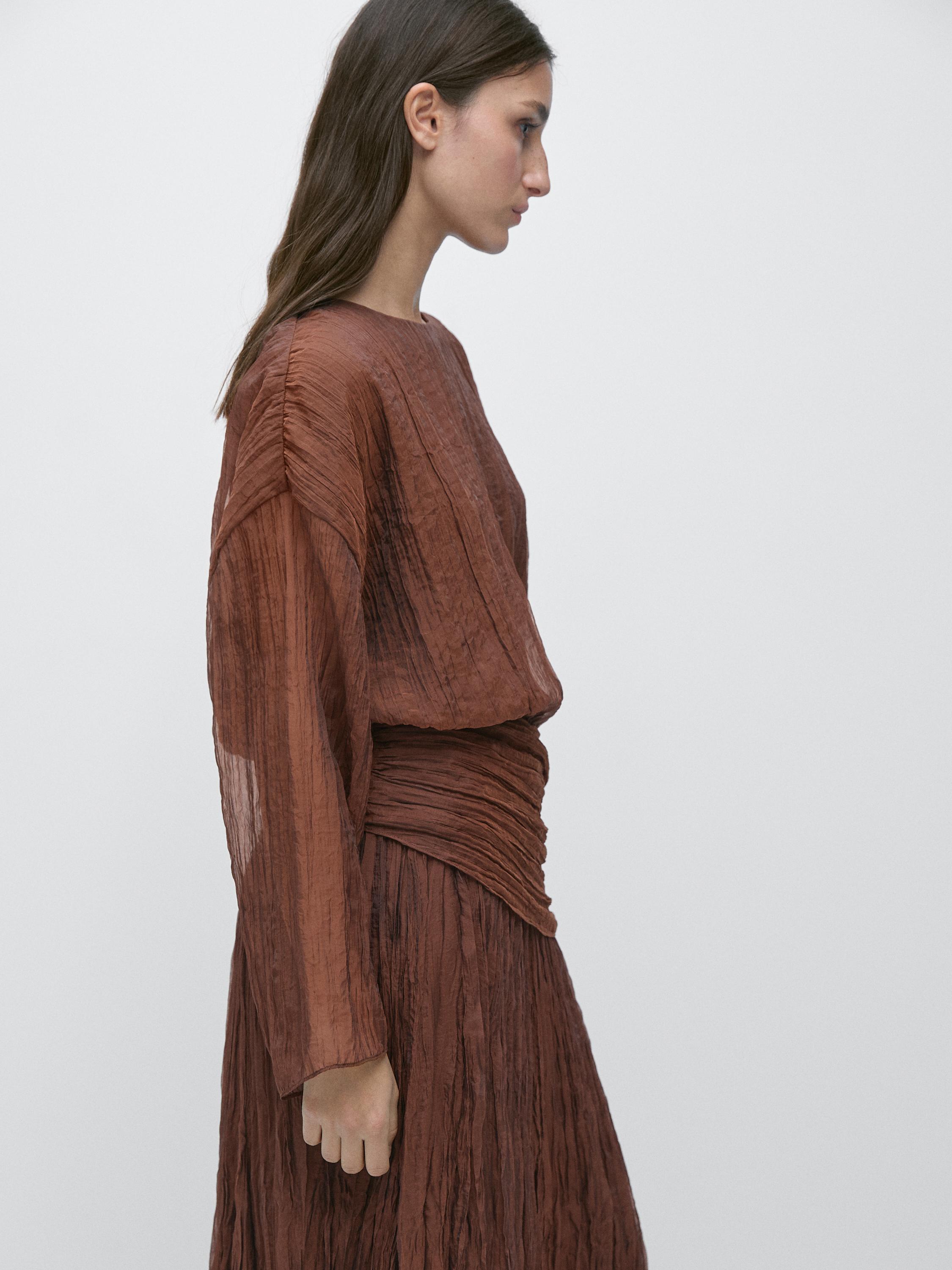 Blouse with sash belt and gathered details — Caramel