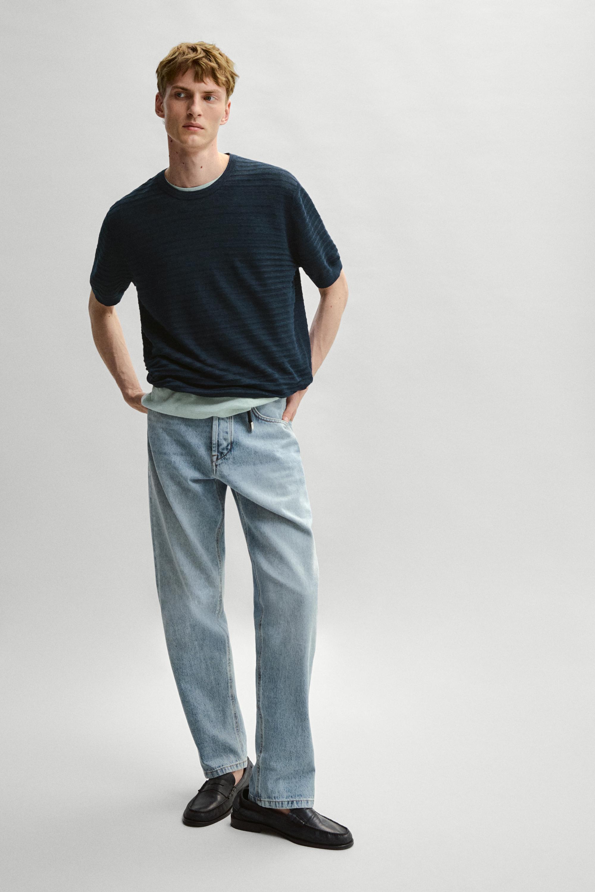 100% linen short sleeve knit sweater — NAVY BLUE