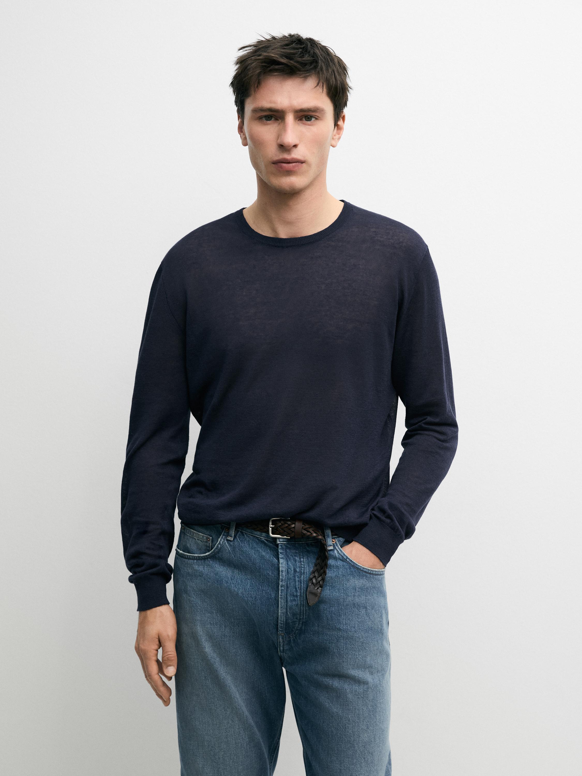 Linen and cashmere knit crew neck sweater — NAVY BLUE