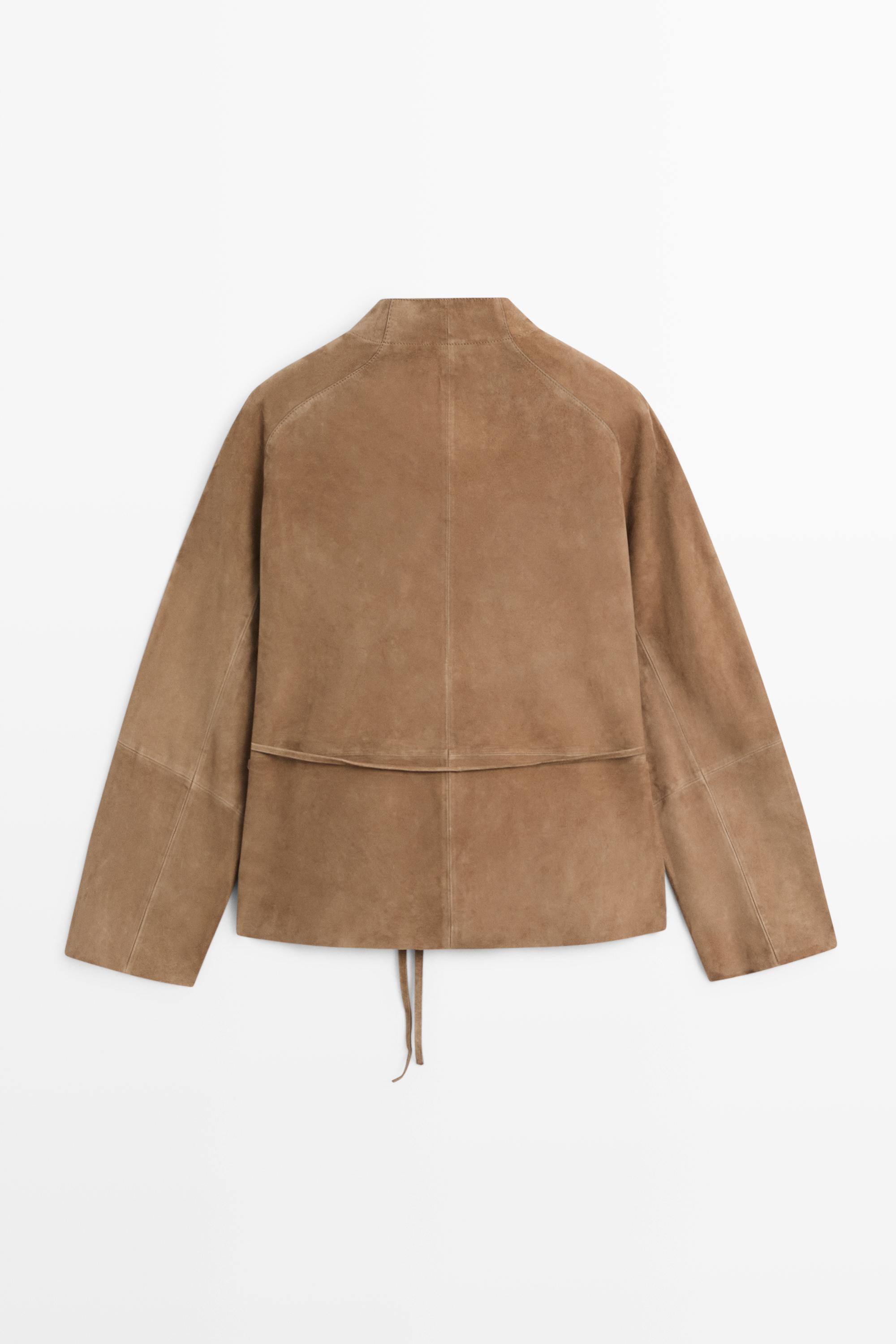 Suede leather jacket with drawstring — SAND