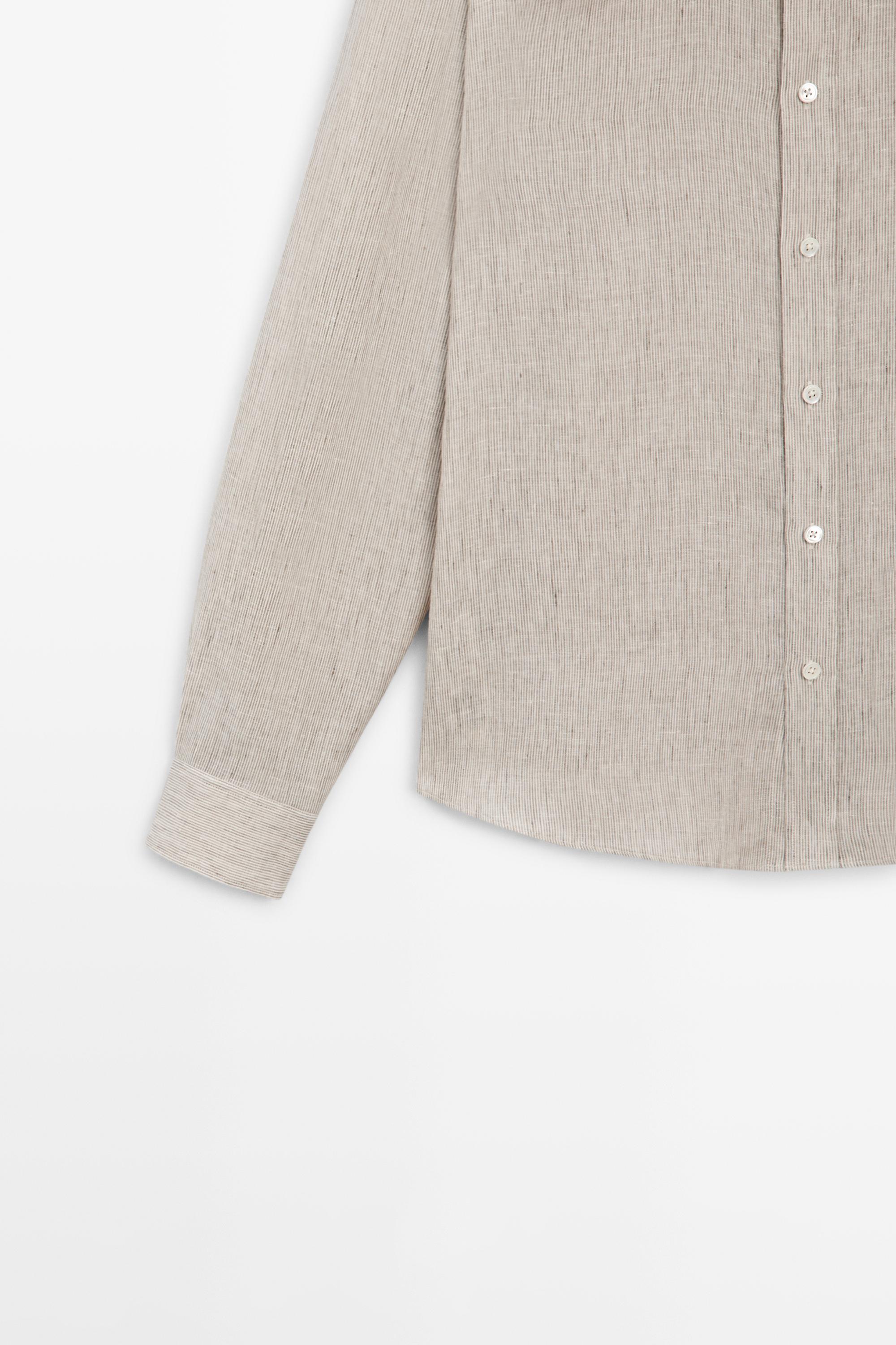 Regular fit washed striped 100% linen shirt — GREEN