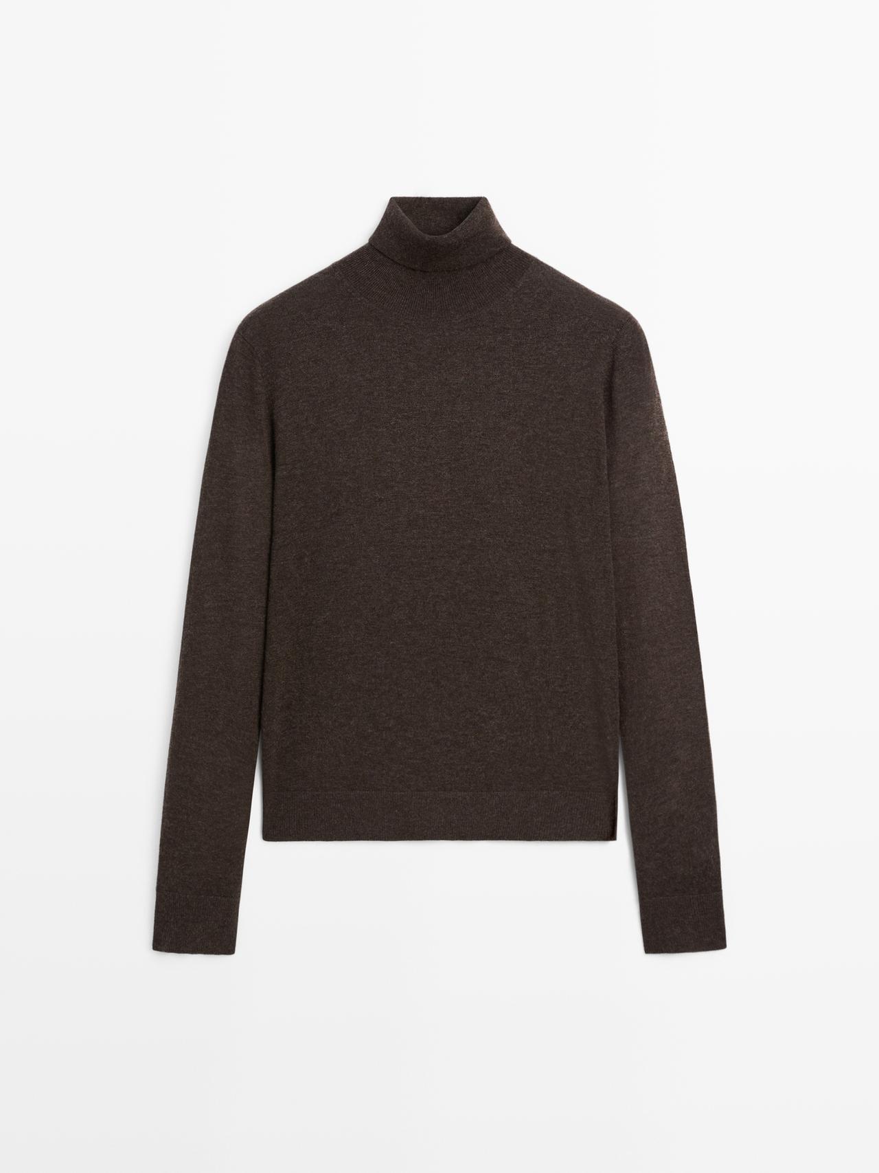 Massimo Dutti - Dame - Striktrøje I Uldblanding Med Høj Hals - Chokolade - M