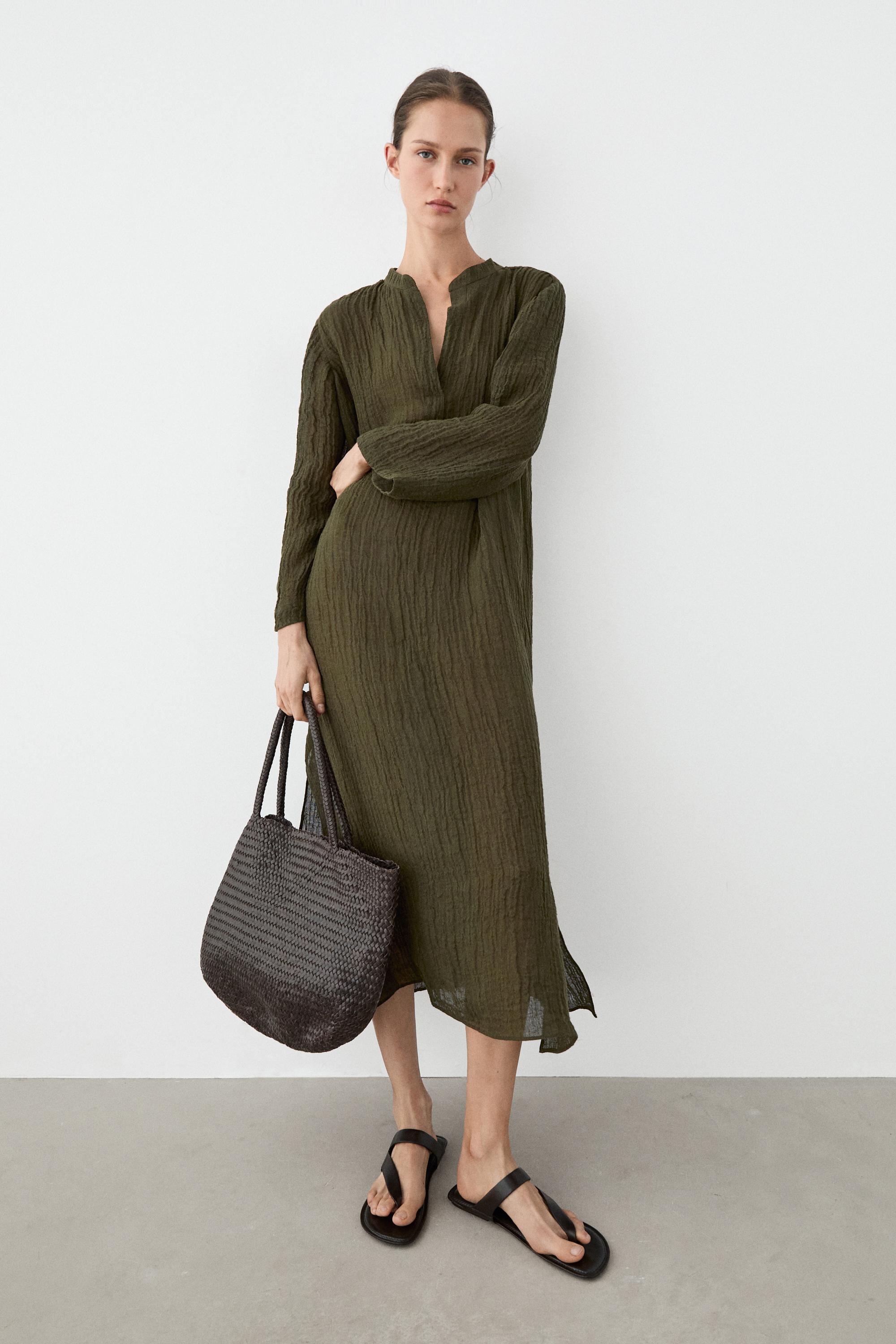 Linen blend waffle-knit shirt dress — GREEN