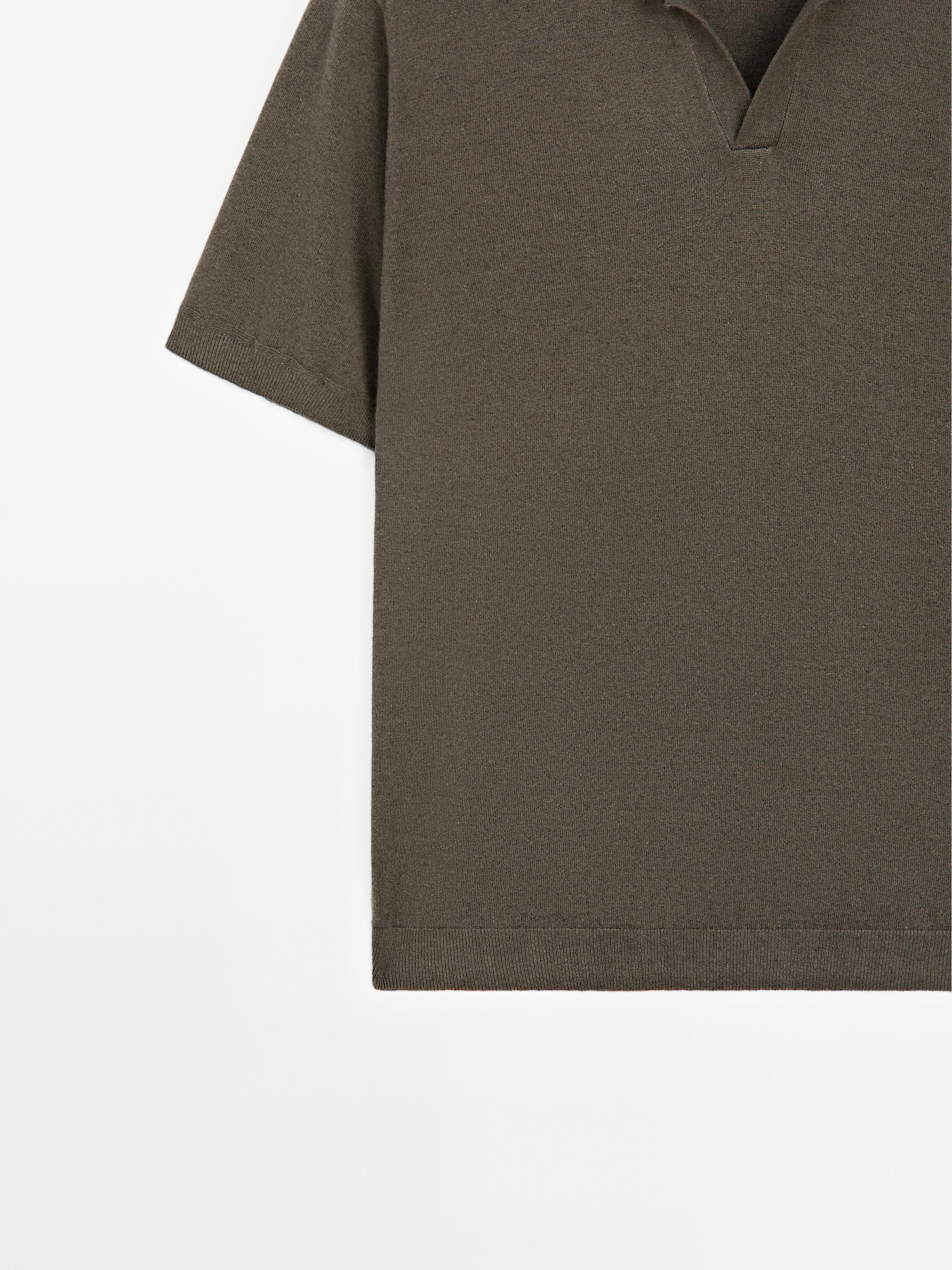 Linen blend knit V-neck polo shirt