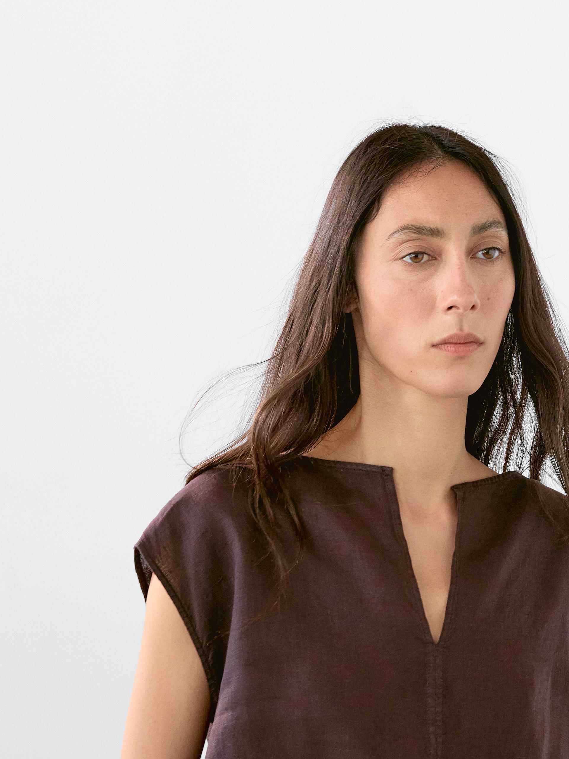 Massimo Dutti Linen Blouse With Elasticated Hem In Brown