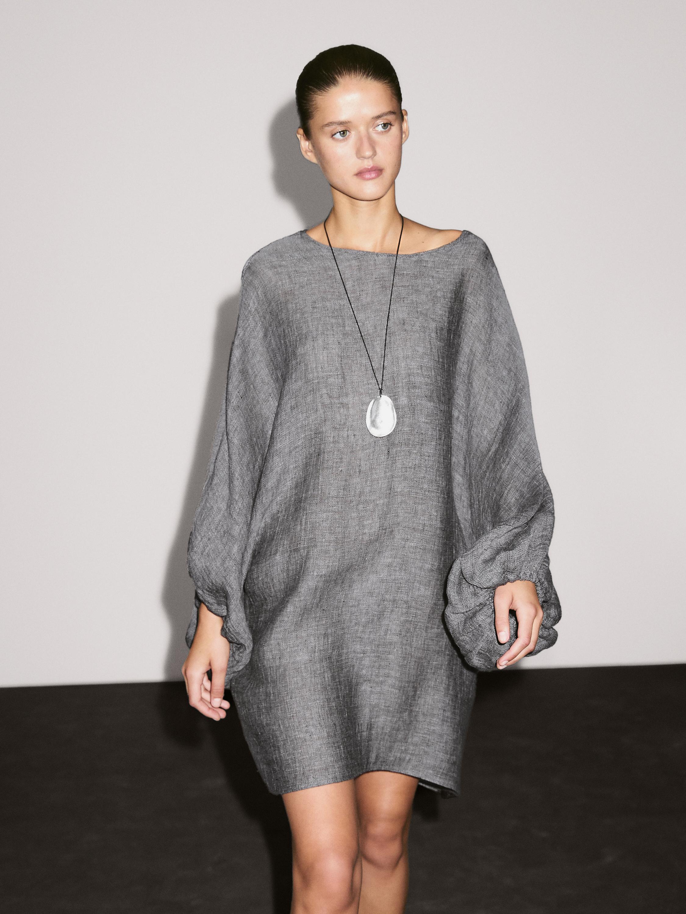 100% linen short dress with sleeve detail