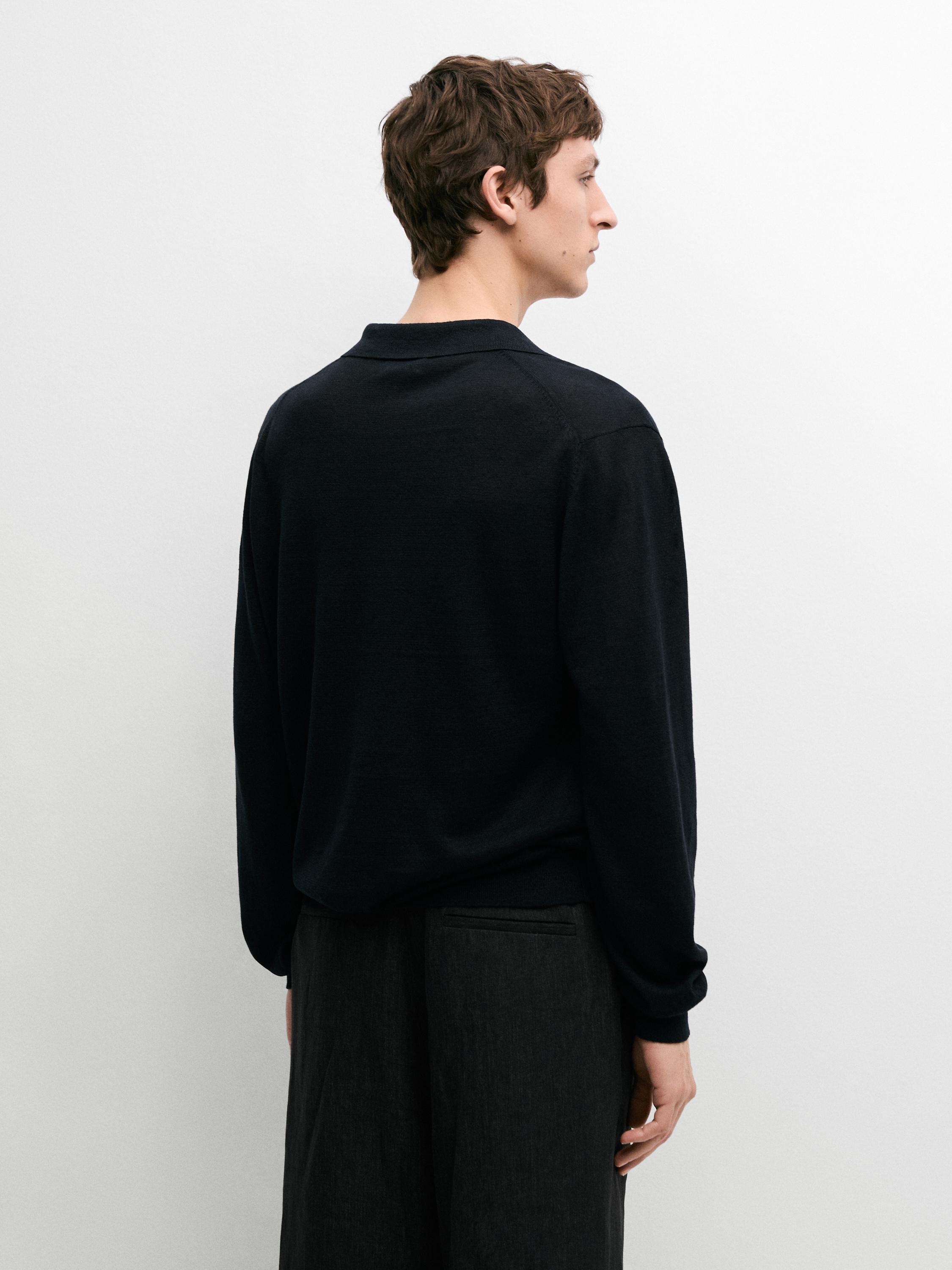 100% linen knit polo collar sweater — NAVY BLUE