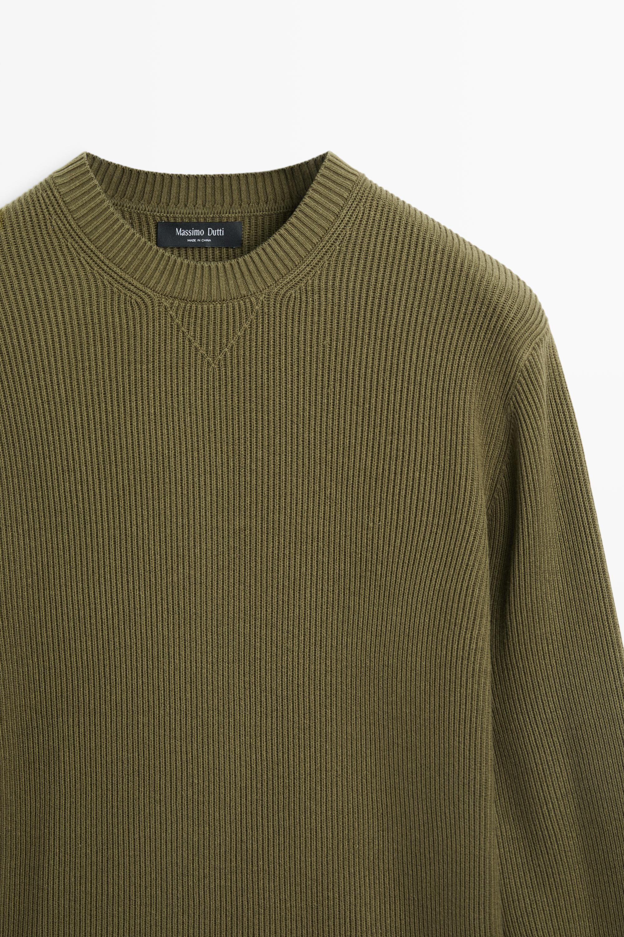 Cotton blend ribbed knit sweater — KHAKI