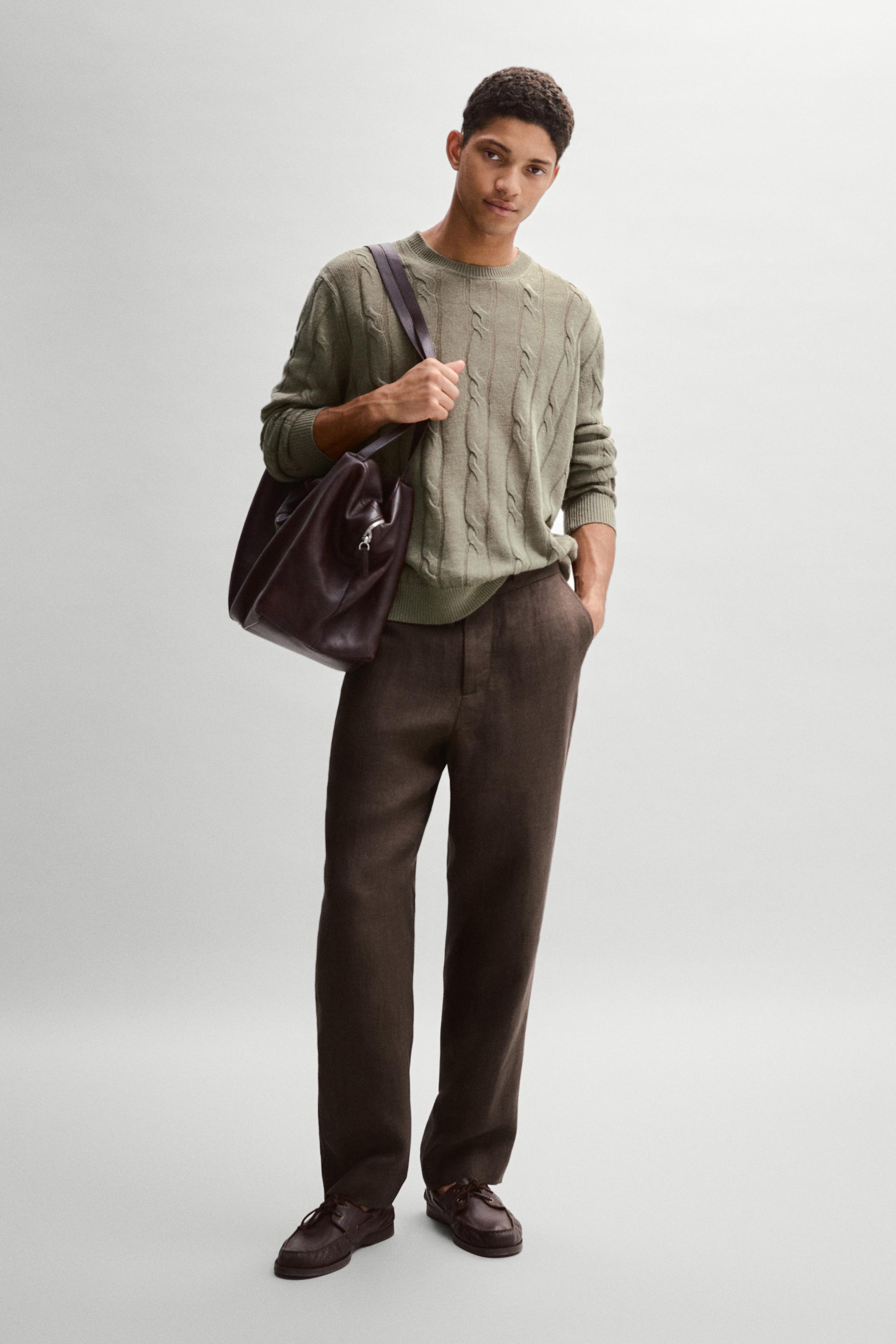 100% linen cable-knit sweater — PALE KHAKI