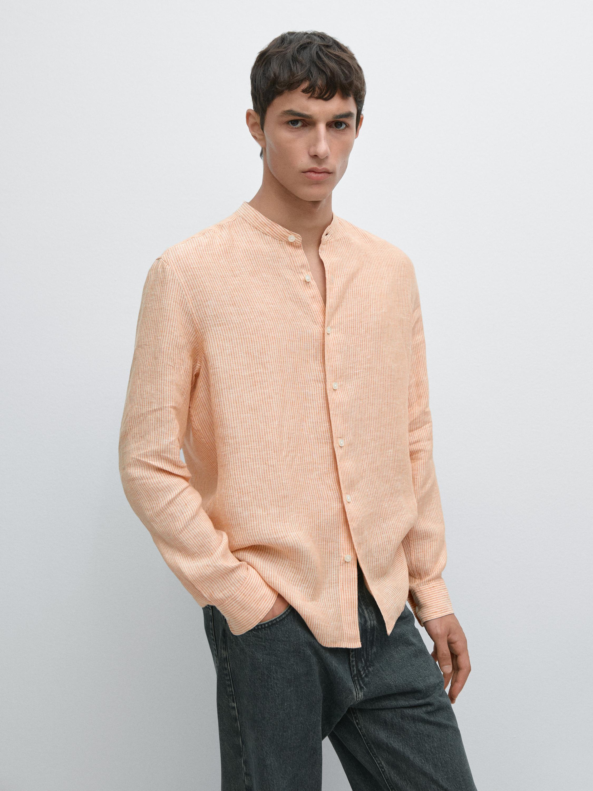 Regular fit striped 100% linen shirt