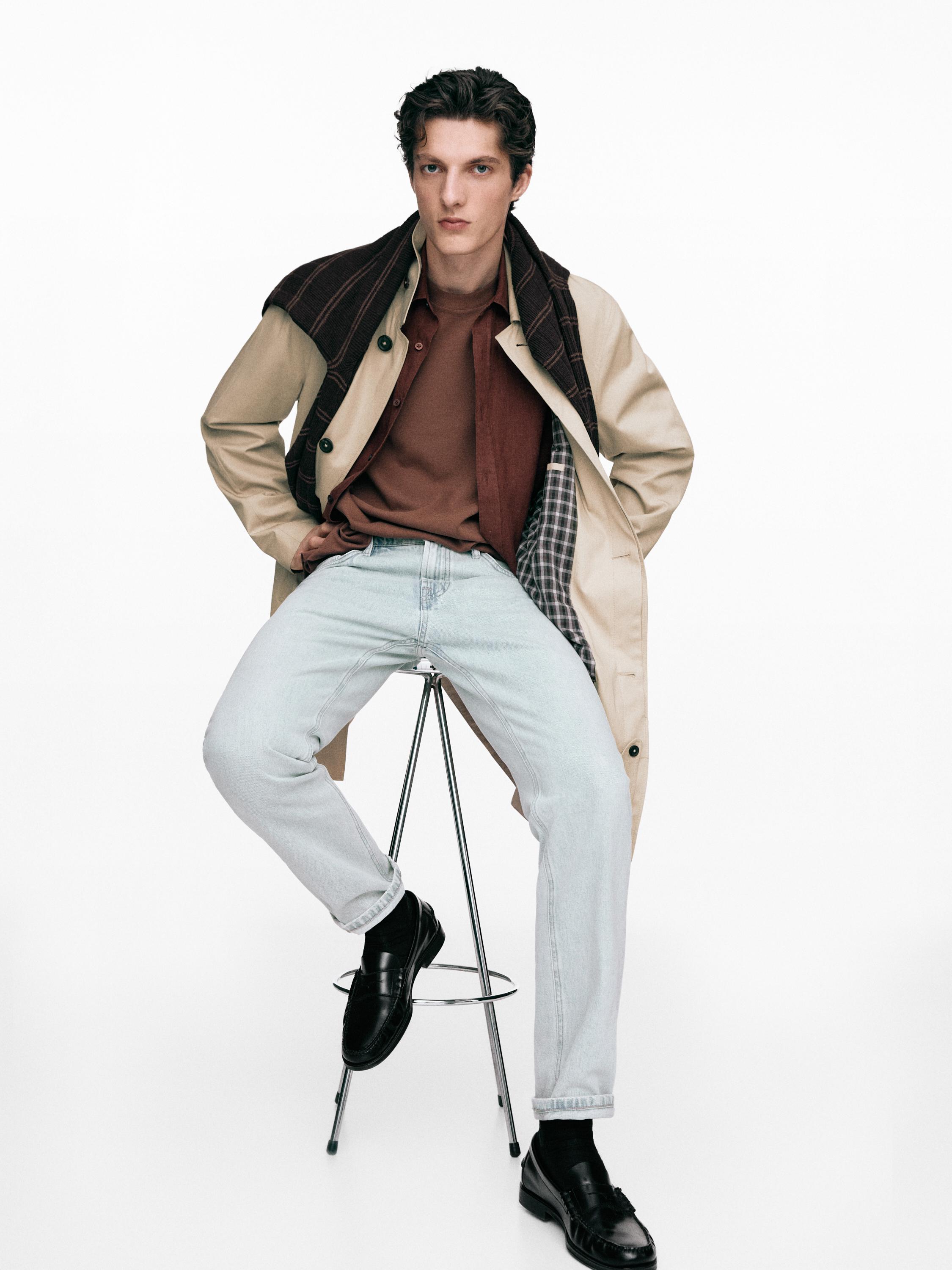 Check cotton trench coat with interior detail — BEIGE