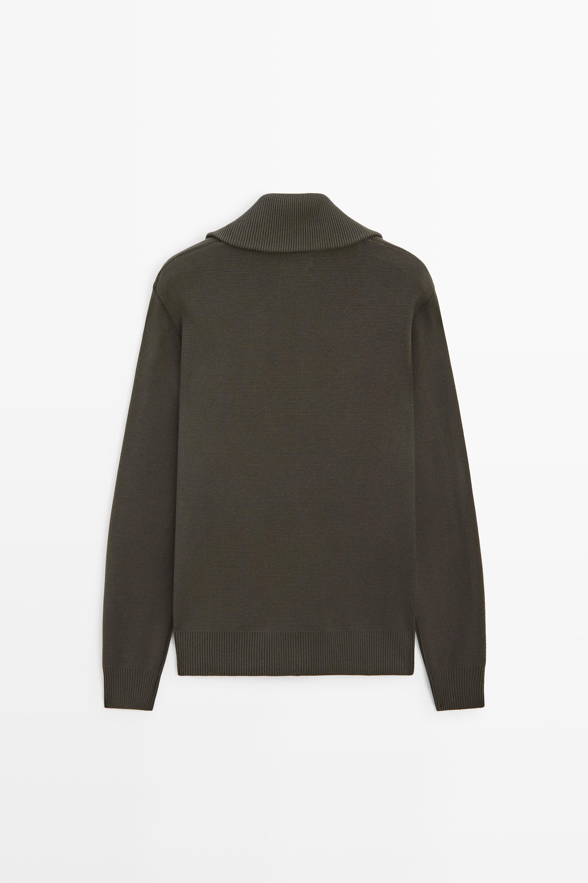 100% cotton zip-up knit cardigan — KHAKI