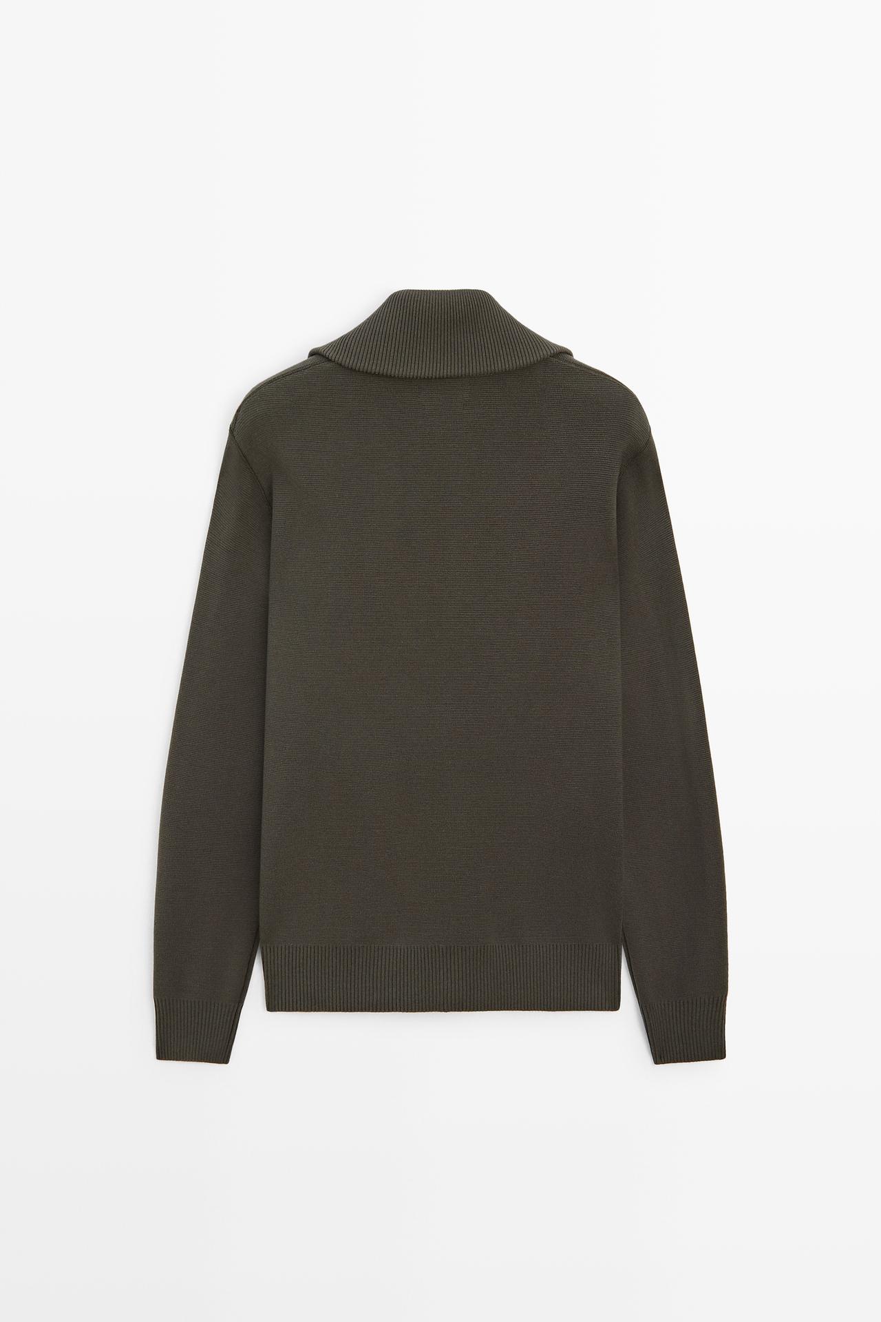 100% cotton zip-up knit cardigan — KHAKI