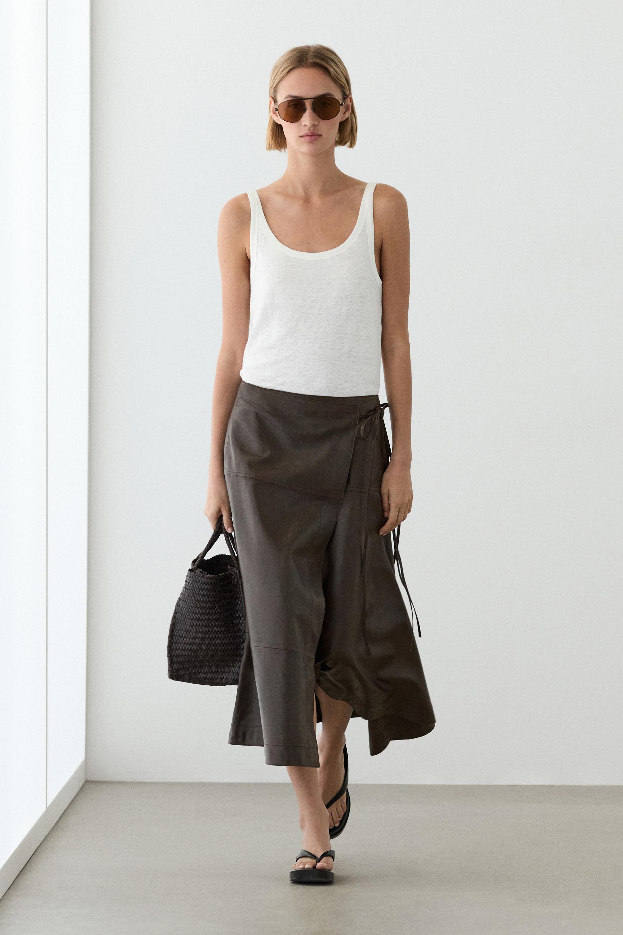 Nappa leather midi skirt with tie detail — BROWN
