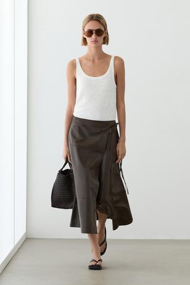 Nappa leather midi skirt with tie detail — BROWN 1