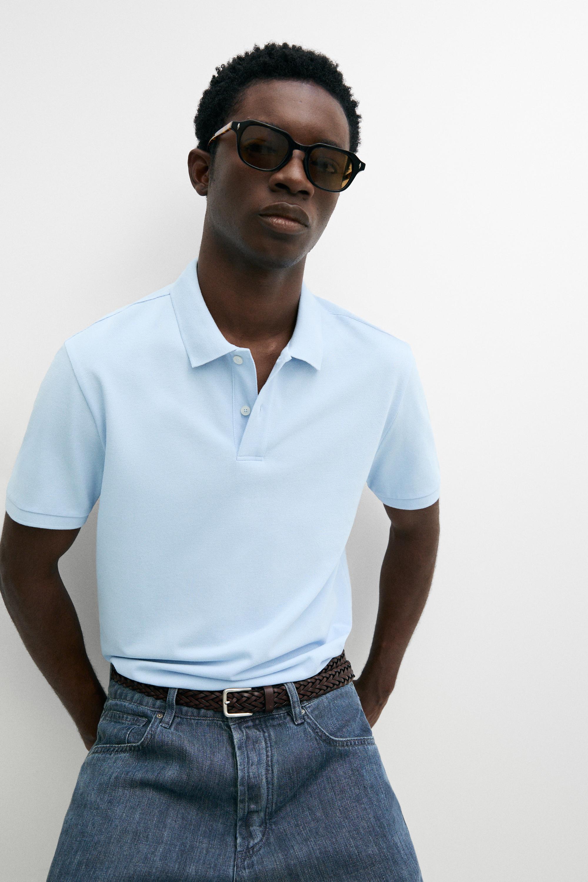 Micro-textured cotton piqué polo shirt — Light Blue