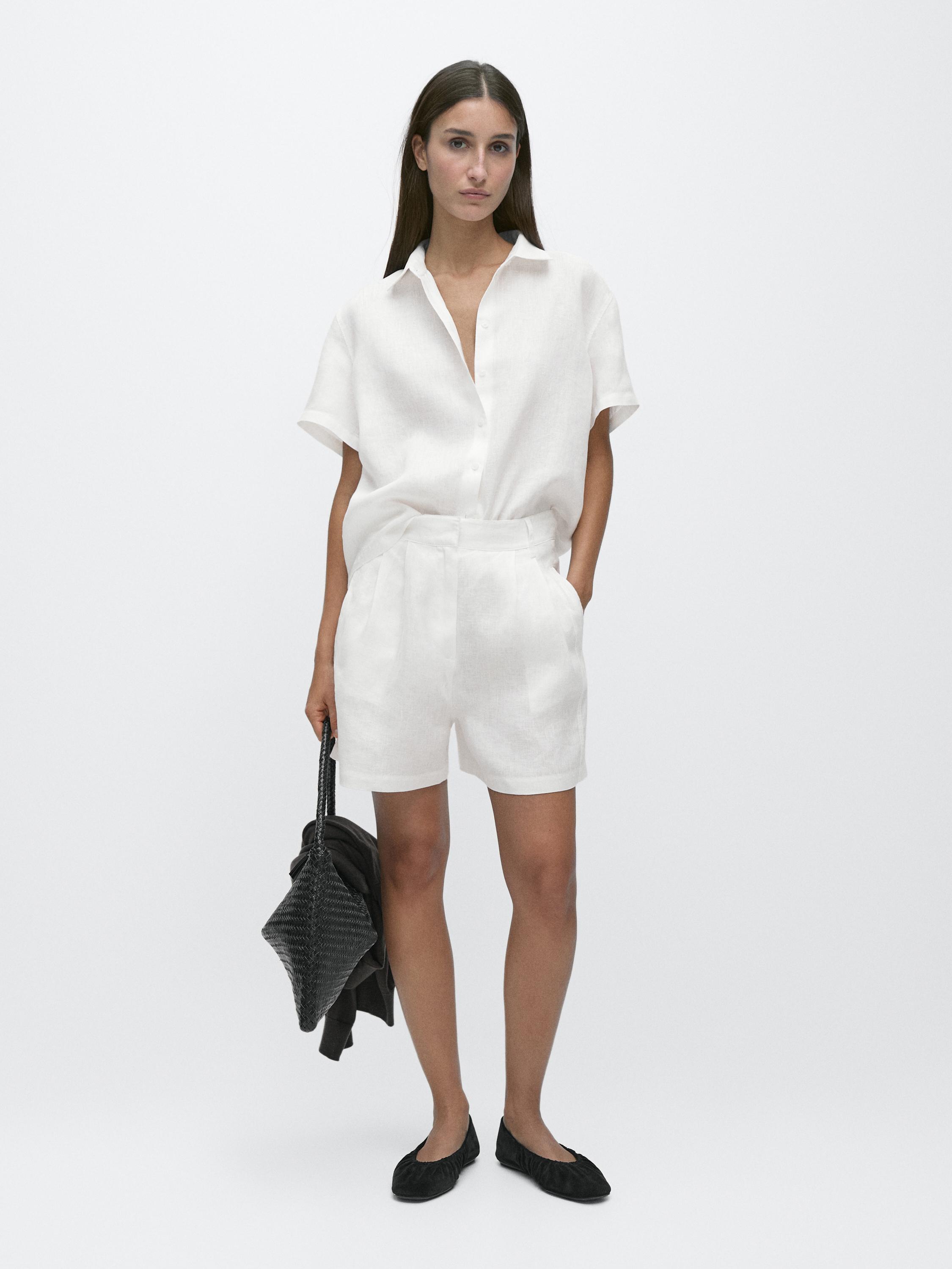 100% linen long Bermuda shorts with darts — WHITE