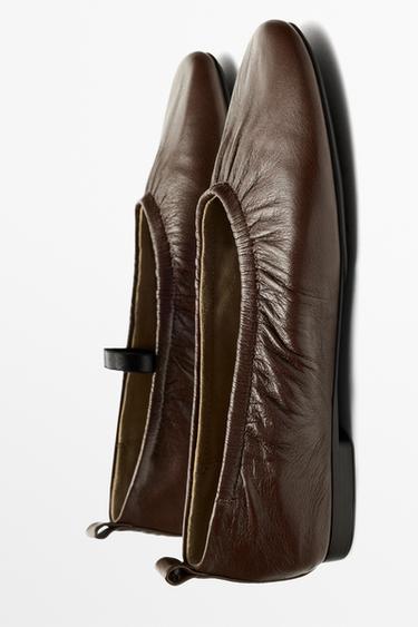 Ruched leather ballet flats — BROWN 4