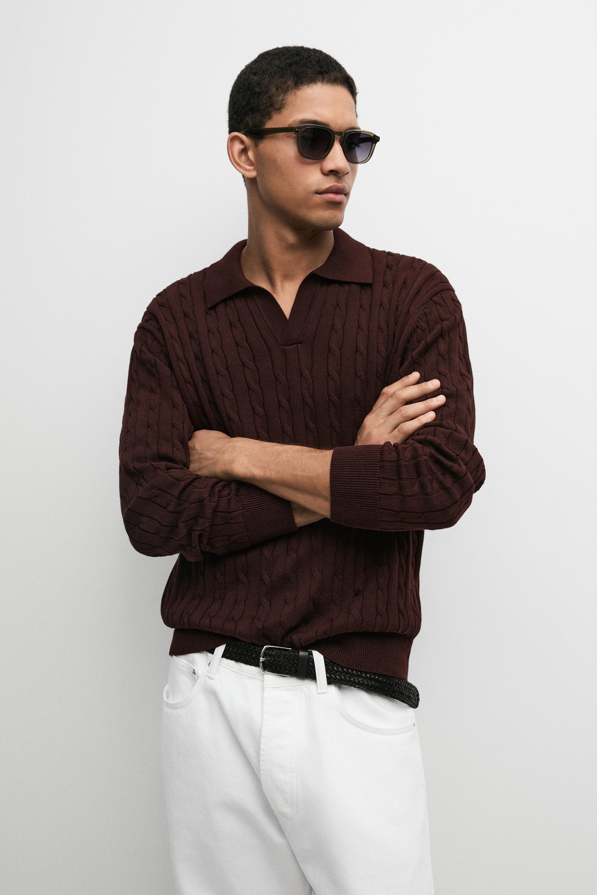 100% Cotton Cable-Knit Polo Sweater — BURGUNDY