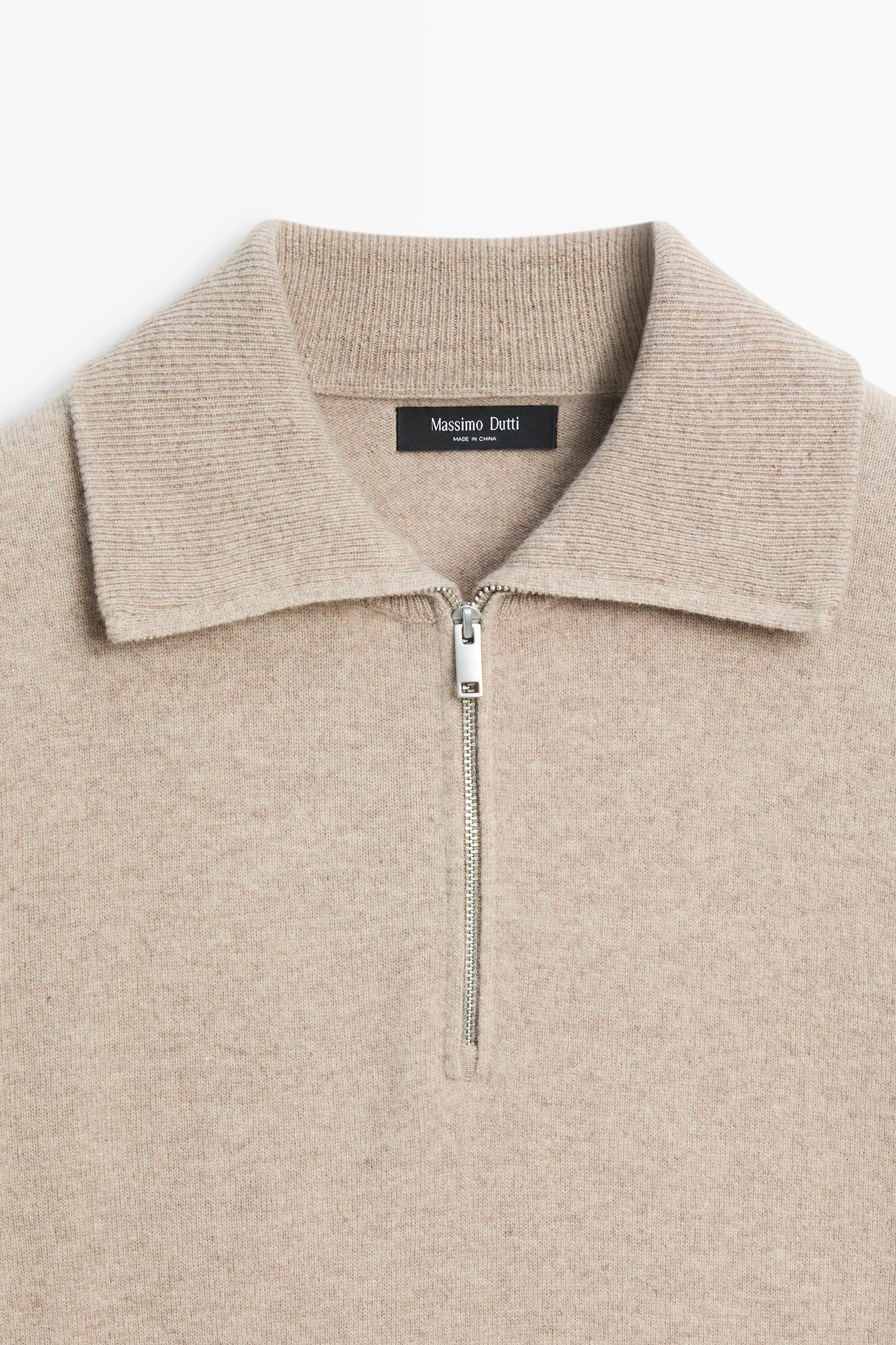 Mock neck zip-up knit sweater — Sand