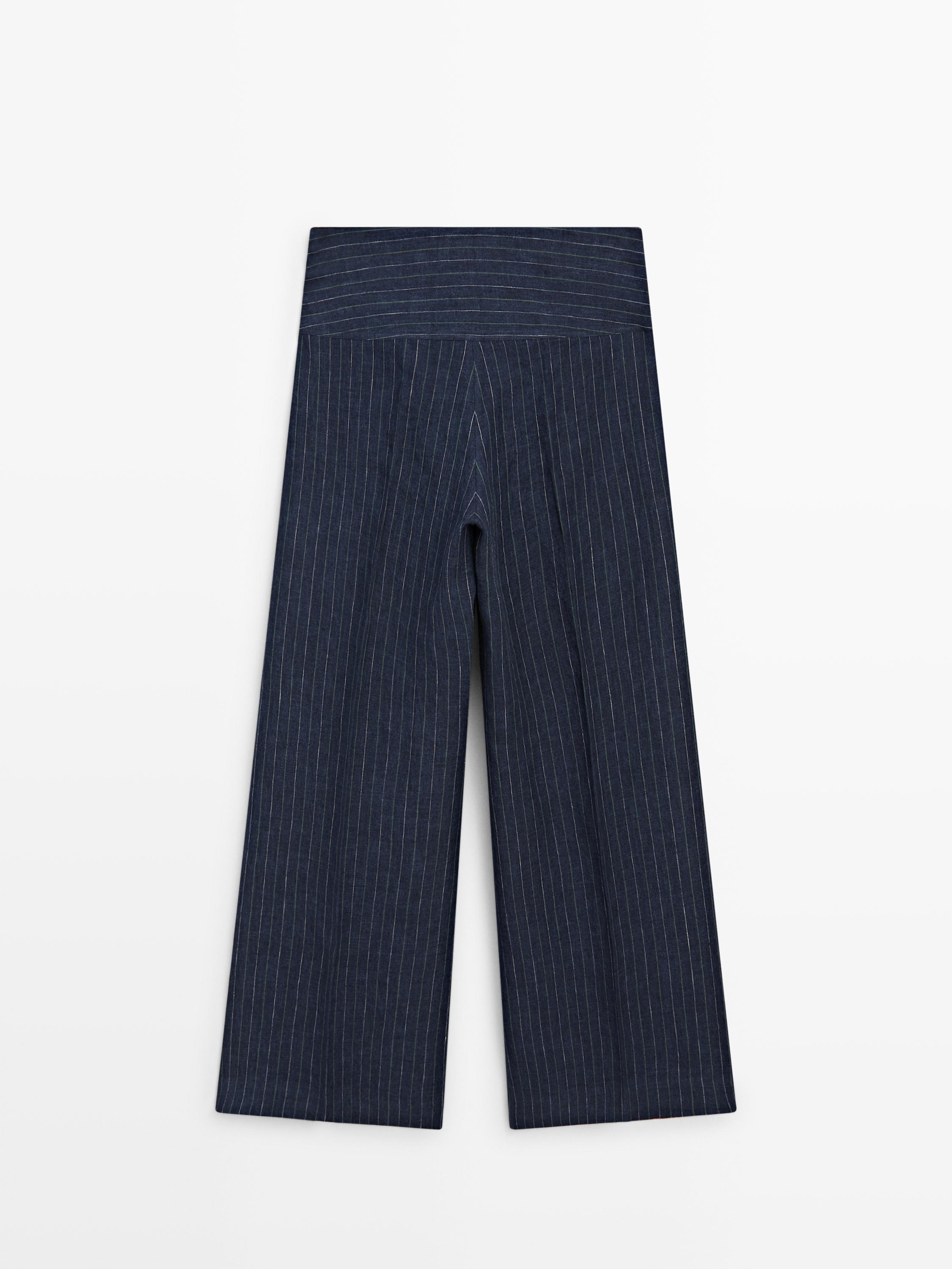 100% linen mid-waist flare pants — NAVY BLUE