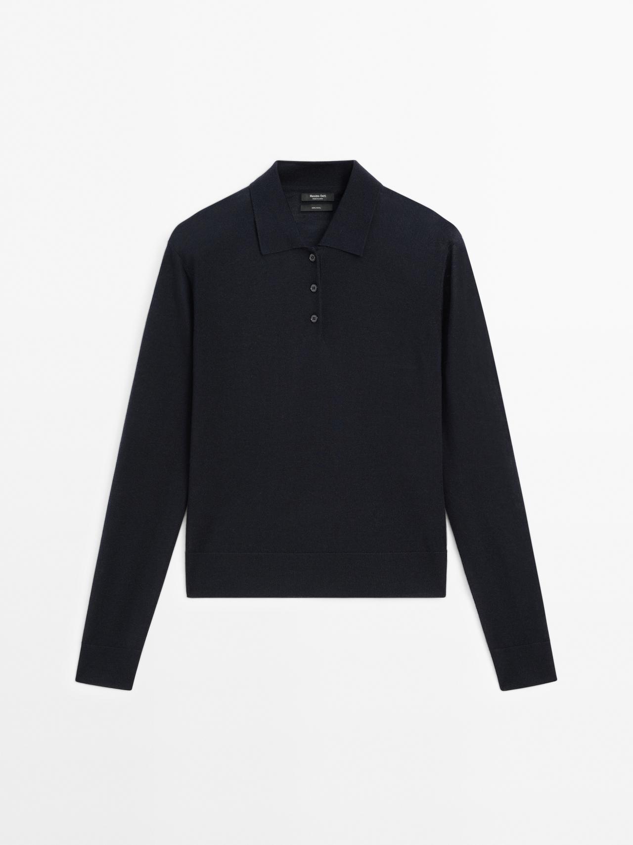 Massimo Dutti - Dame - Trøje I 100 % Uld Med Polokrave Og Knapper - Marineblå - M