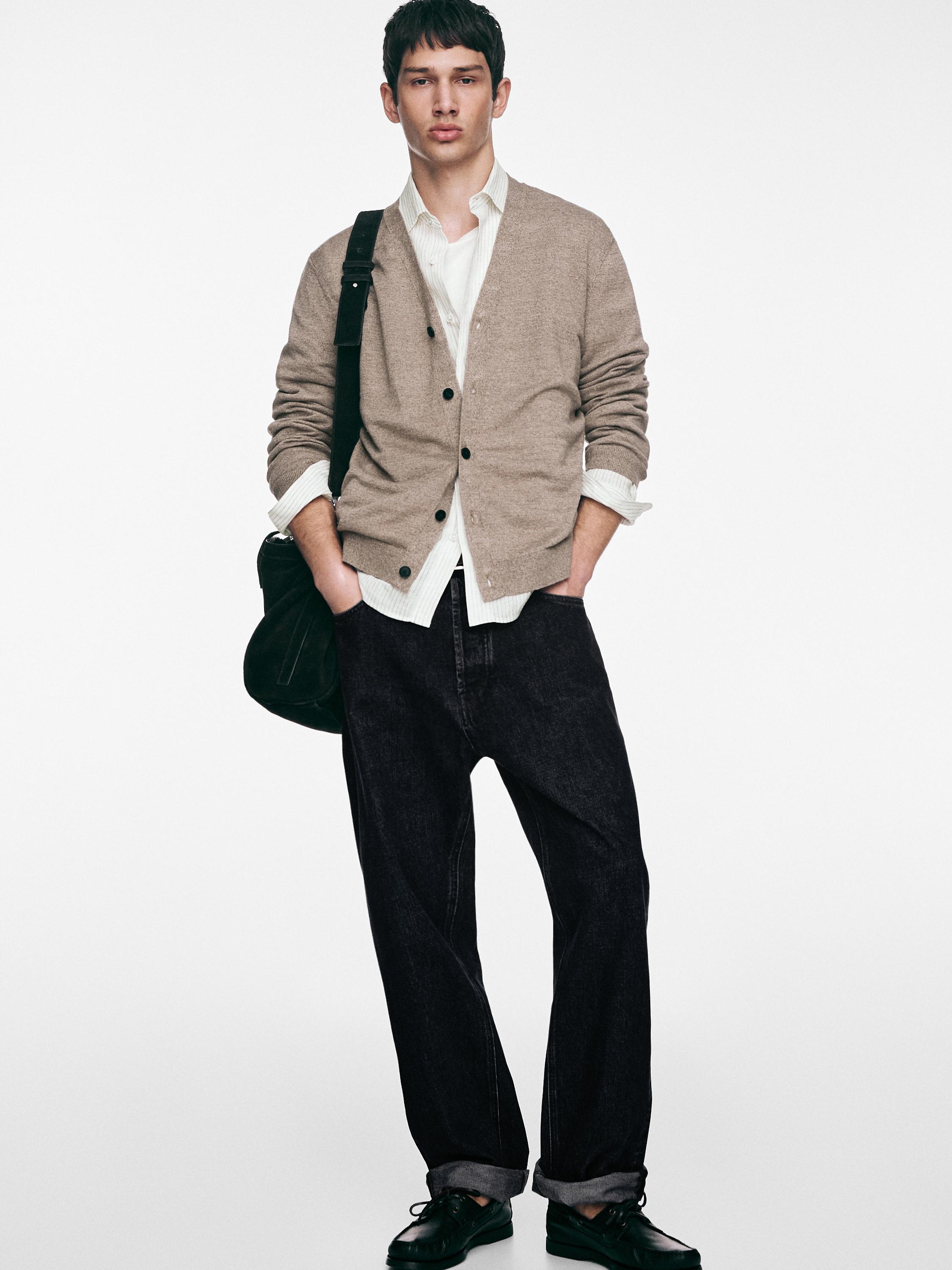 Linen knit cardigan with buttons — SAND BROWN