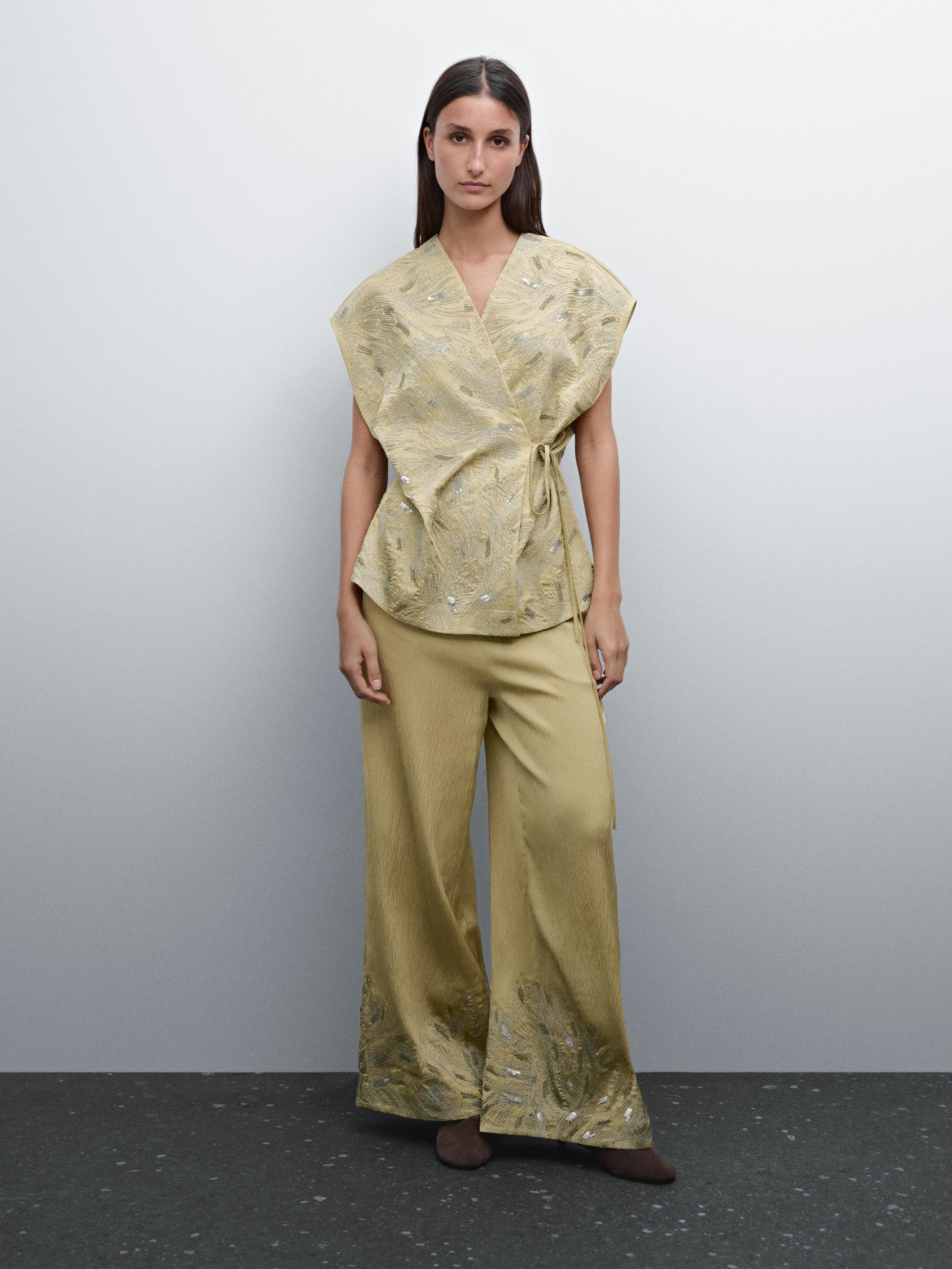Pantalon fluide large brodé