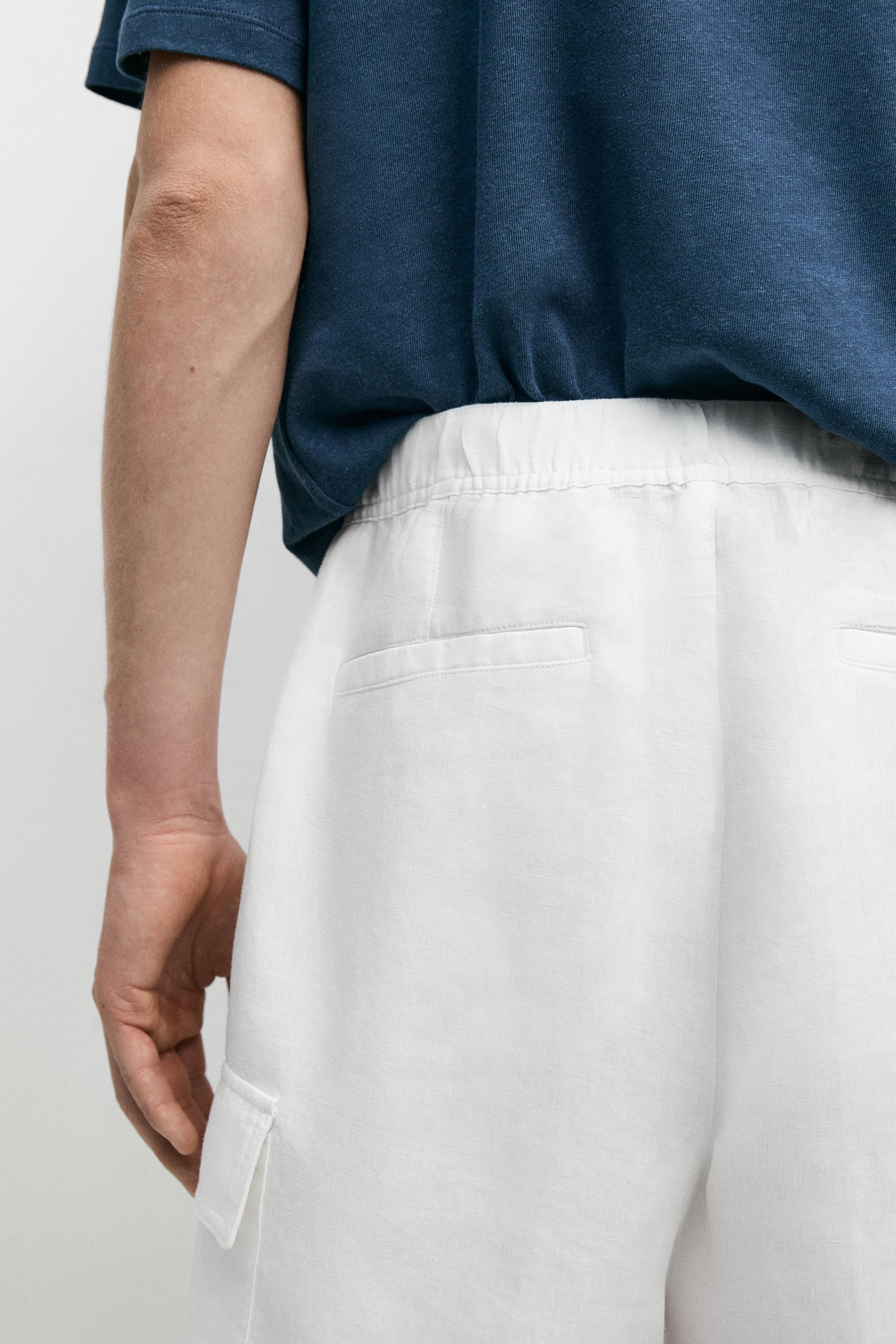 100% linen cargo Bermuda shorts — WHITE