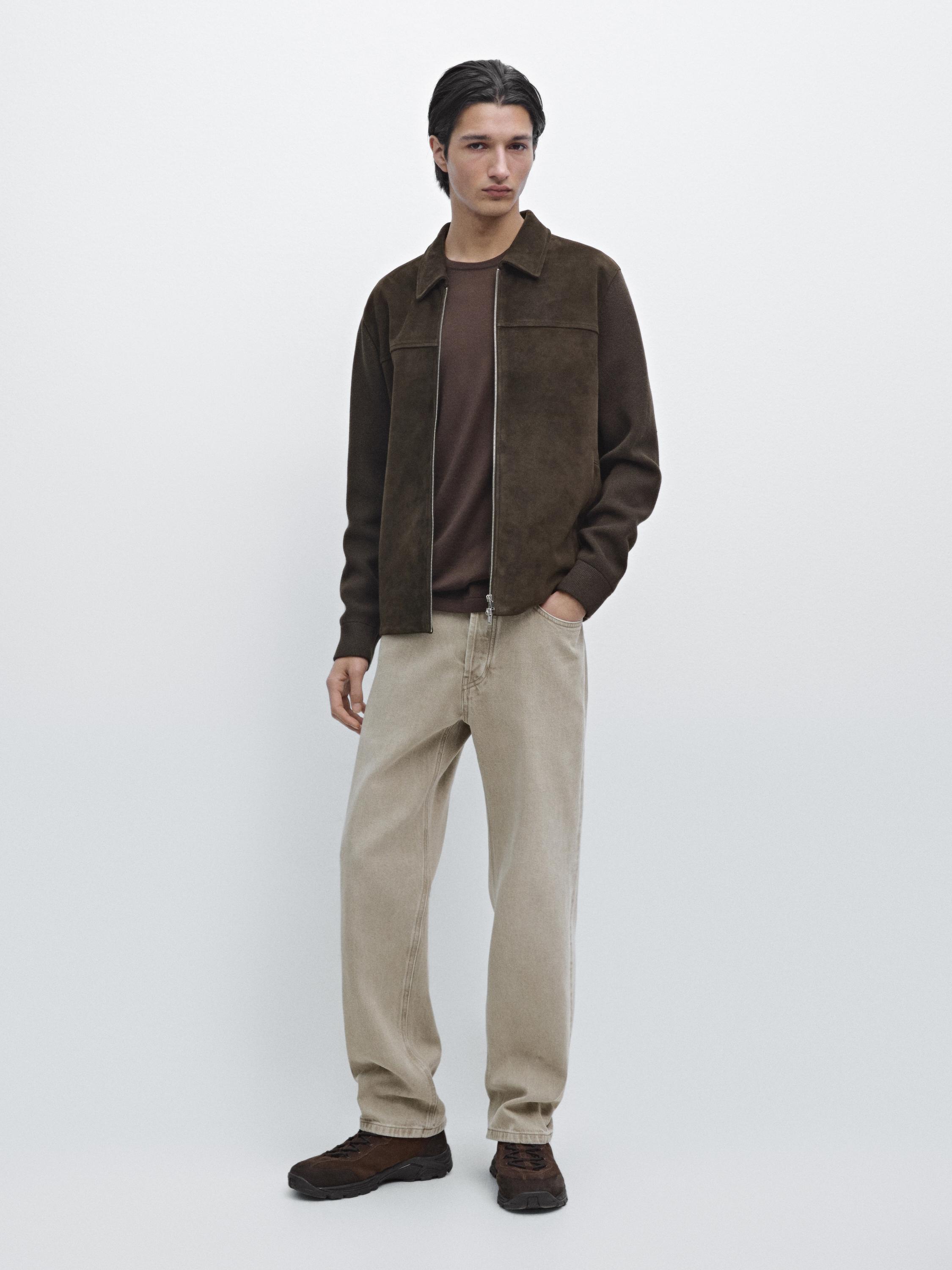 Contrast Cotton And Leather Jacket - Brown - S - Massimo Dutti - Men Contrast Cotton And Leather Jacket - Brown - S - Massimo Dutti - Men