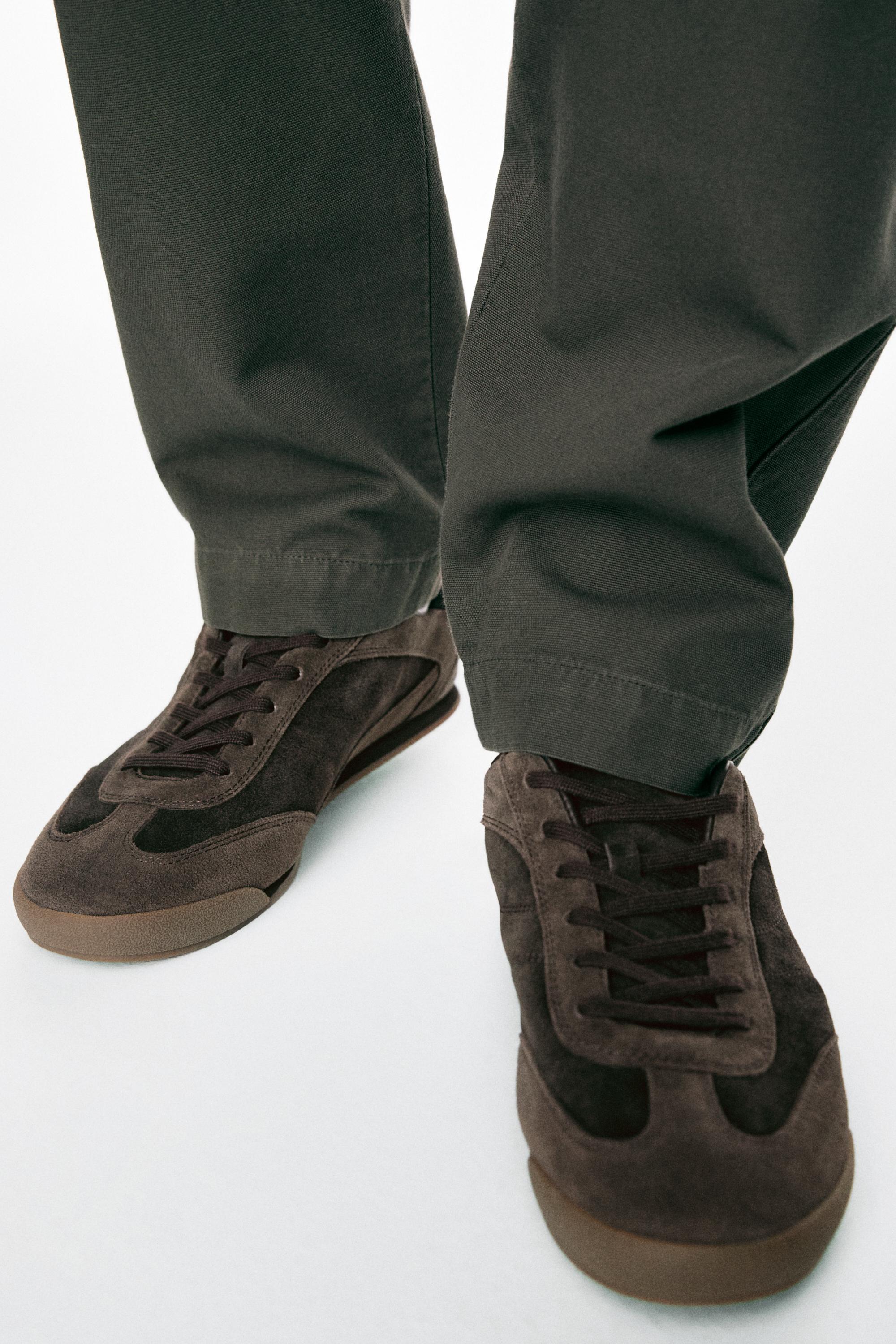 Contrast leather trainers — BROWN