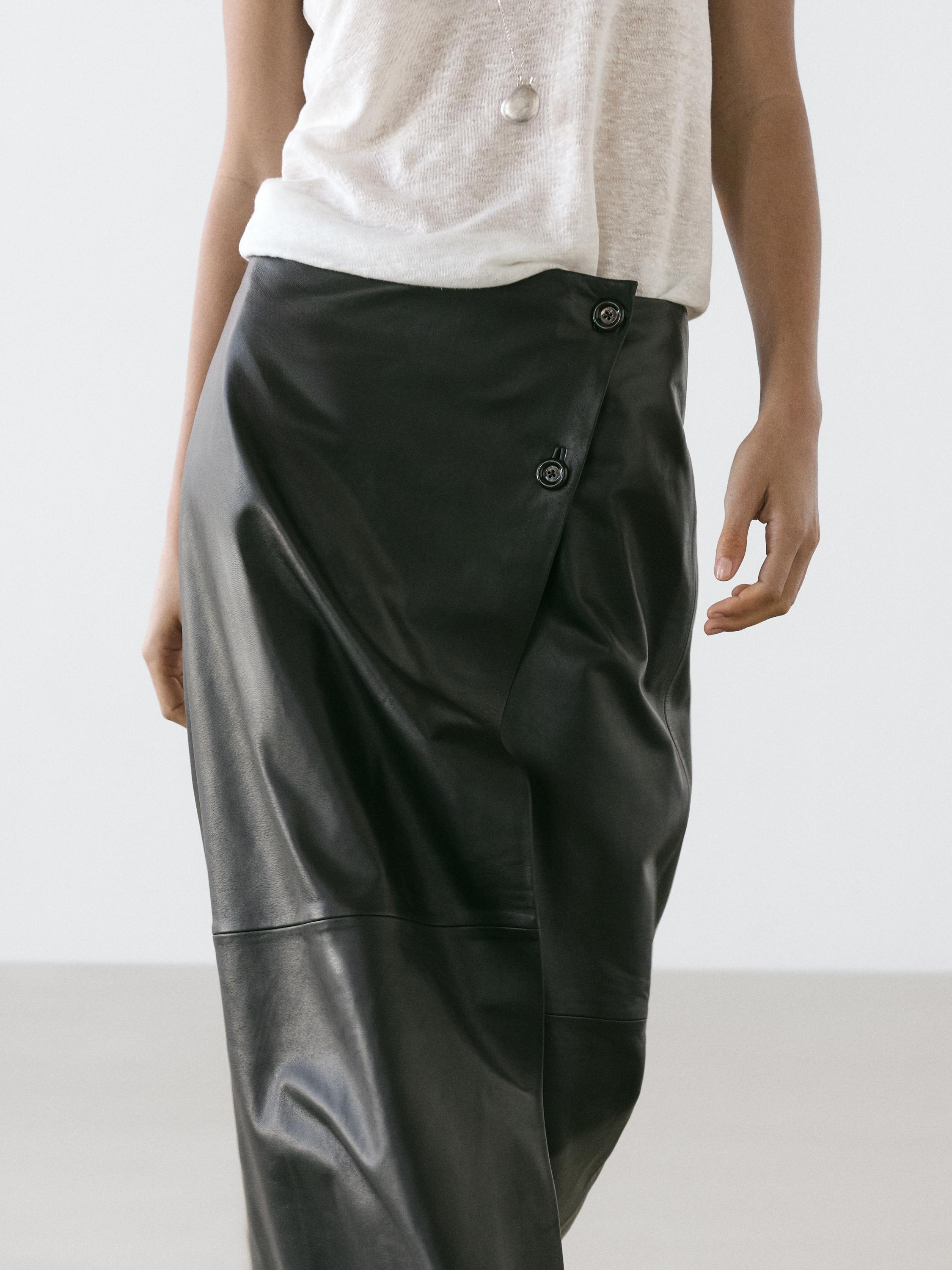 Nappa leather midi skirt with seams — BLACK