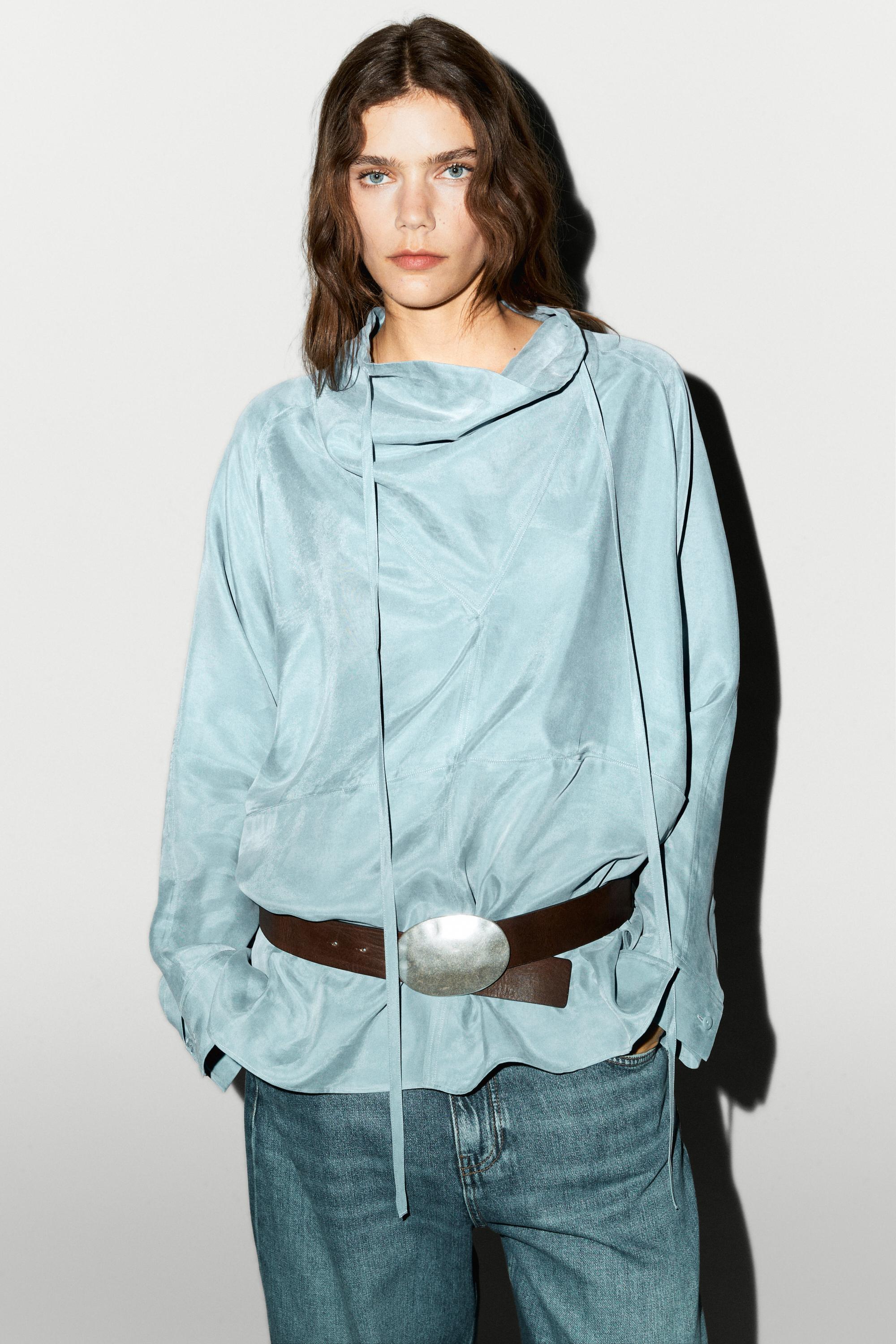 Flowing shirt with high collar and drawstring detail — GREY BLUE