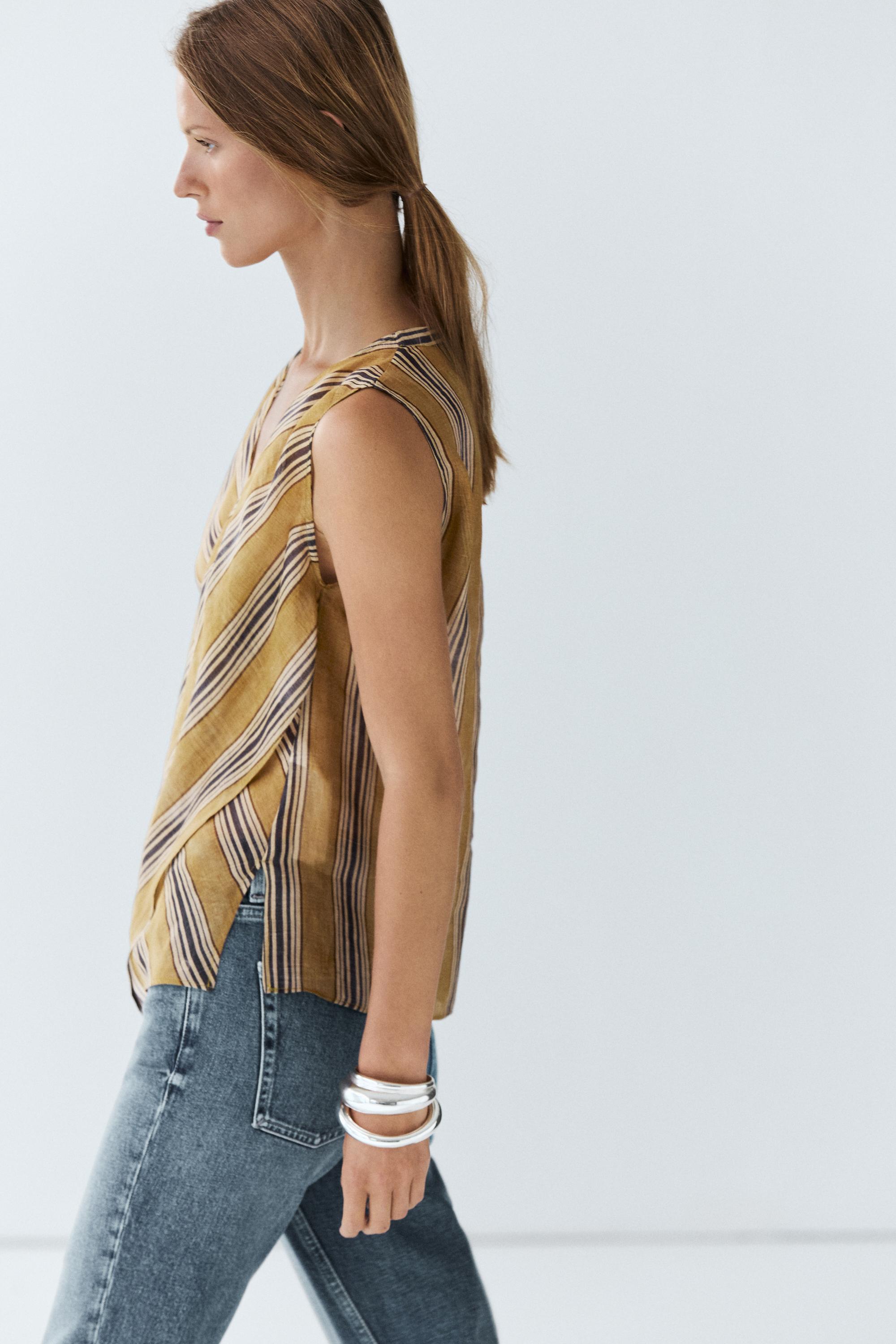 Flowing striped ramie blend wrap top — DARK YELLOW