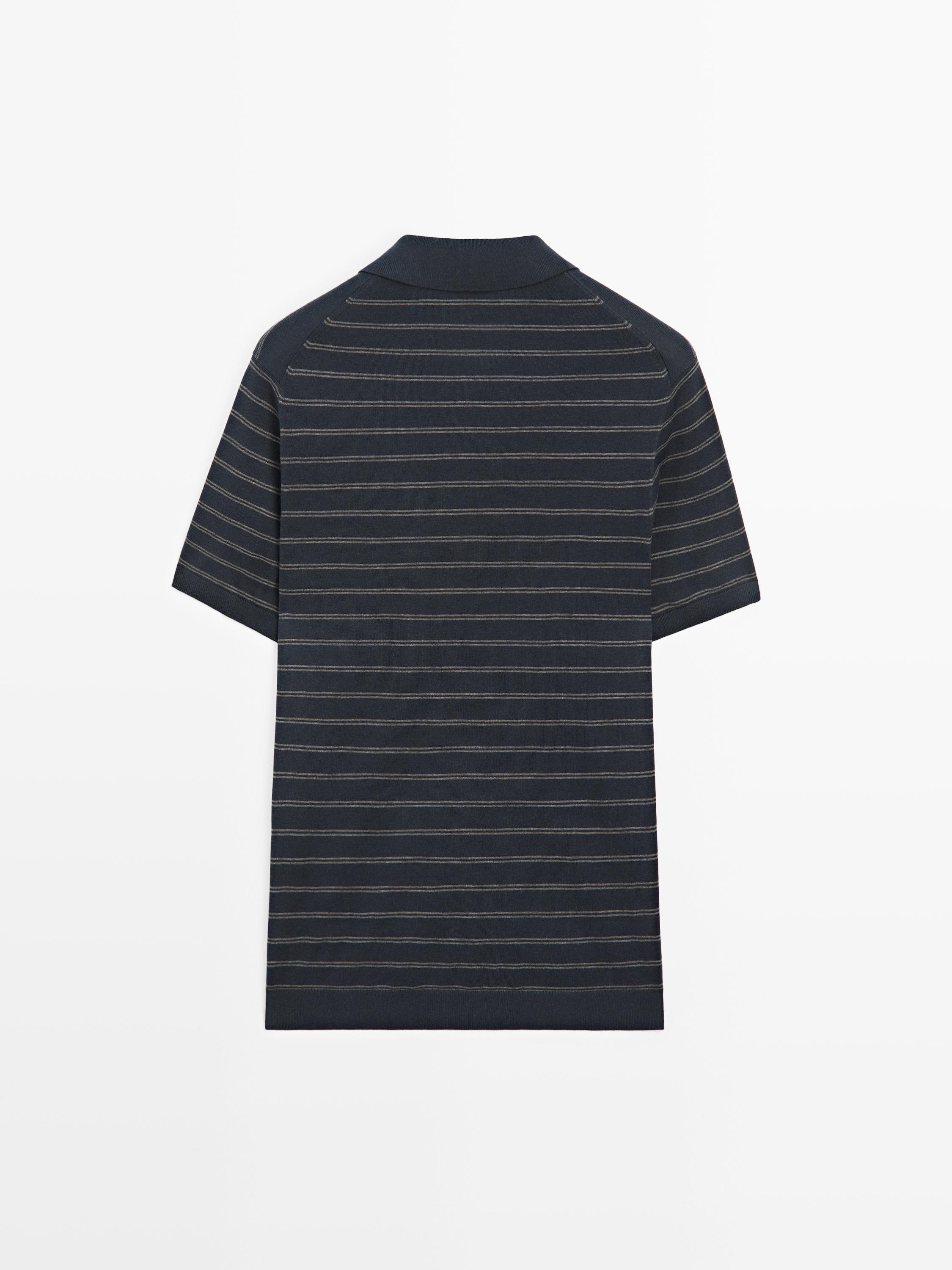 Cotton blend knit polo shirt with striped detail — NAVY BLUE