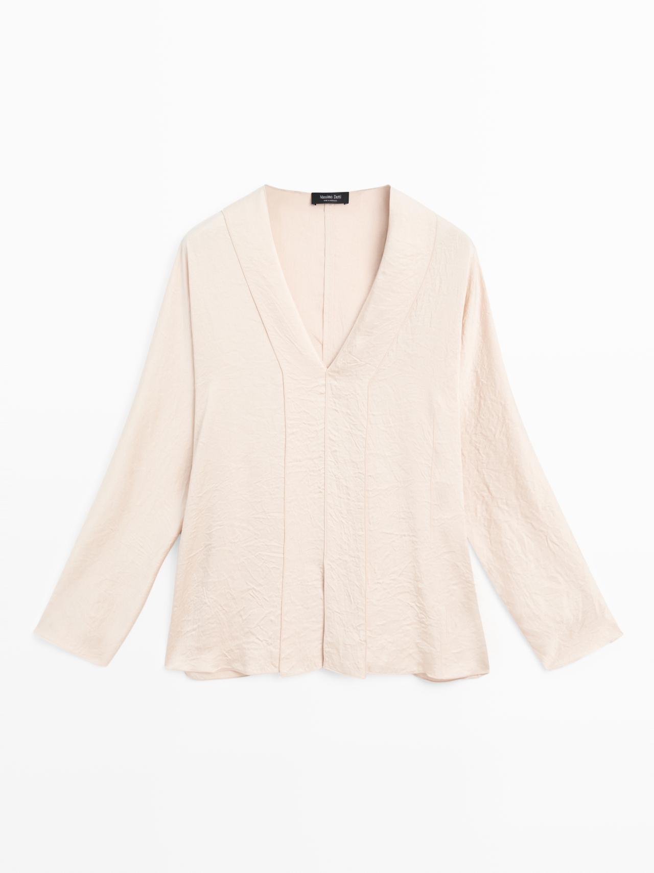 Massimo Dutti - Dames - Satijnen Blouse Met V-Hals - Vanille - S