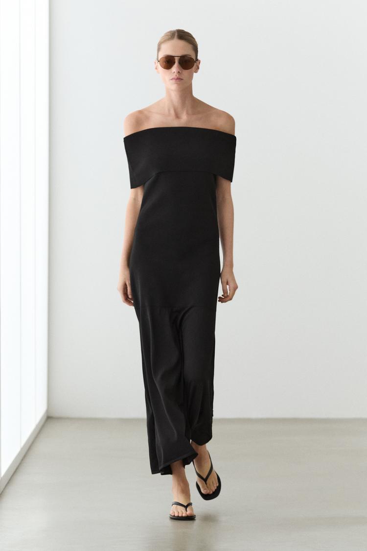 Knit midi dress with exposed shoulders — BLACK