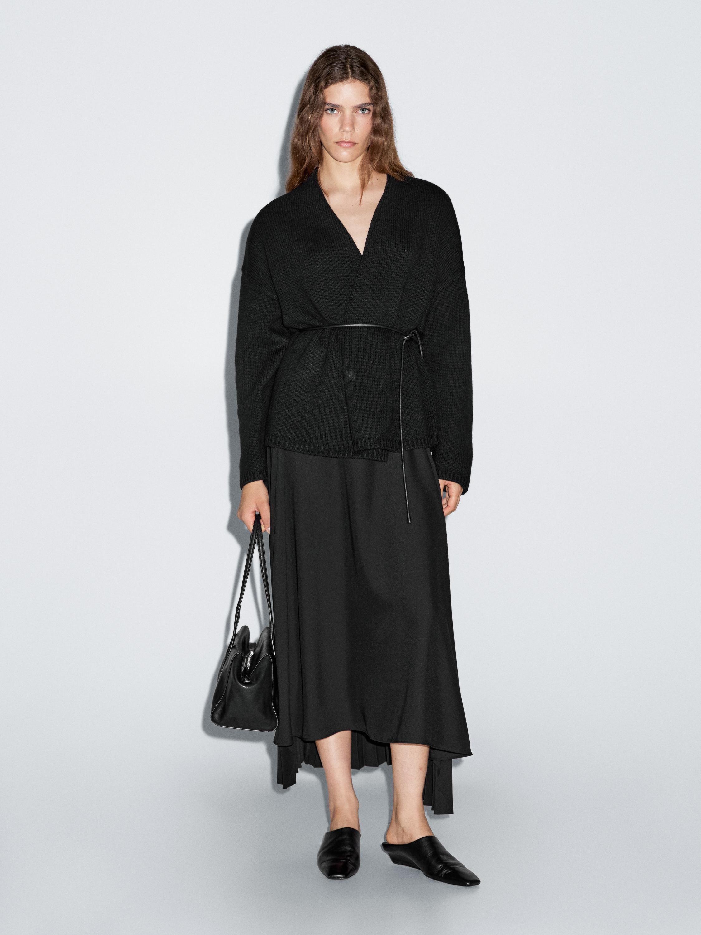 Long knit cardigan with belt
