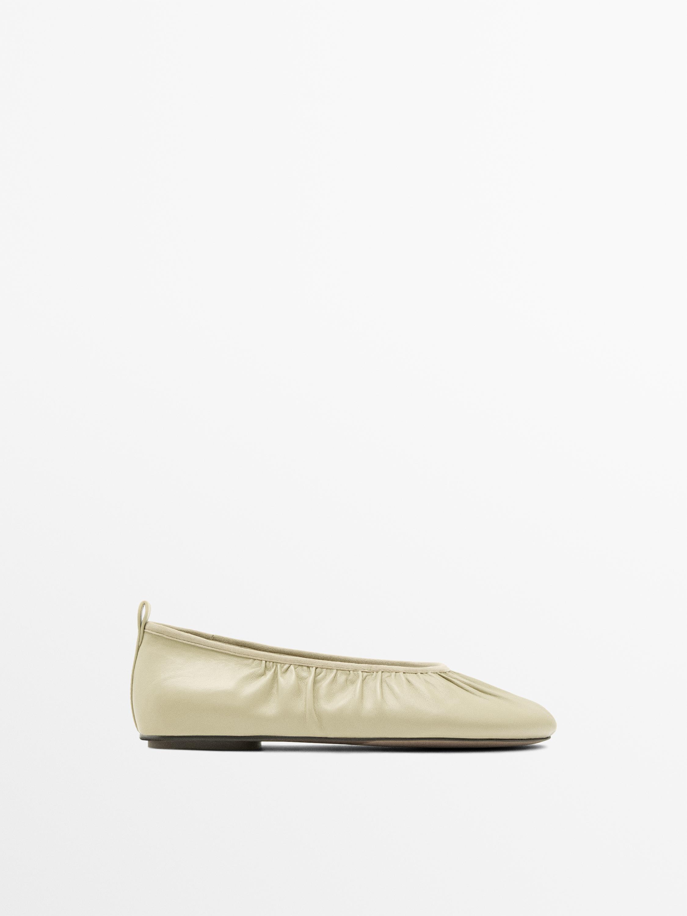 Soft leather ballet flats with gathered detail — BEIGE