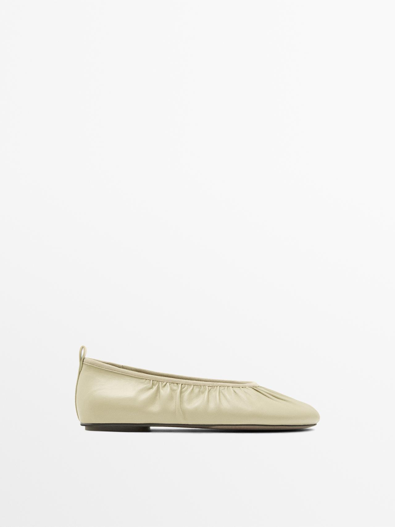 Massimo Dutti - Dame - Bailerinasko Med Rynket, Blødt Skind - Beige - 40