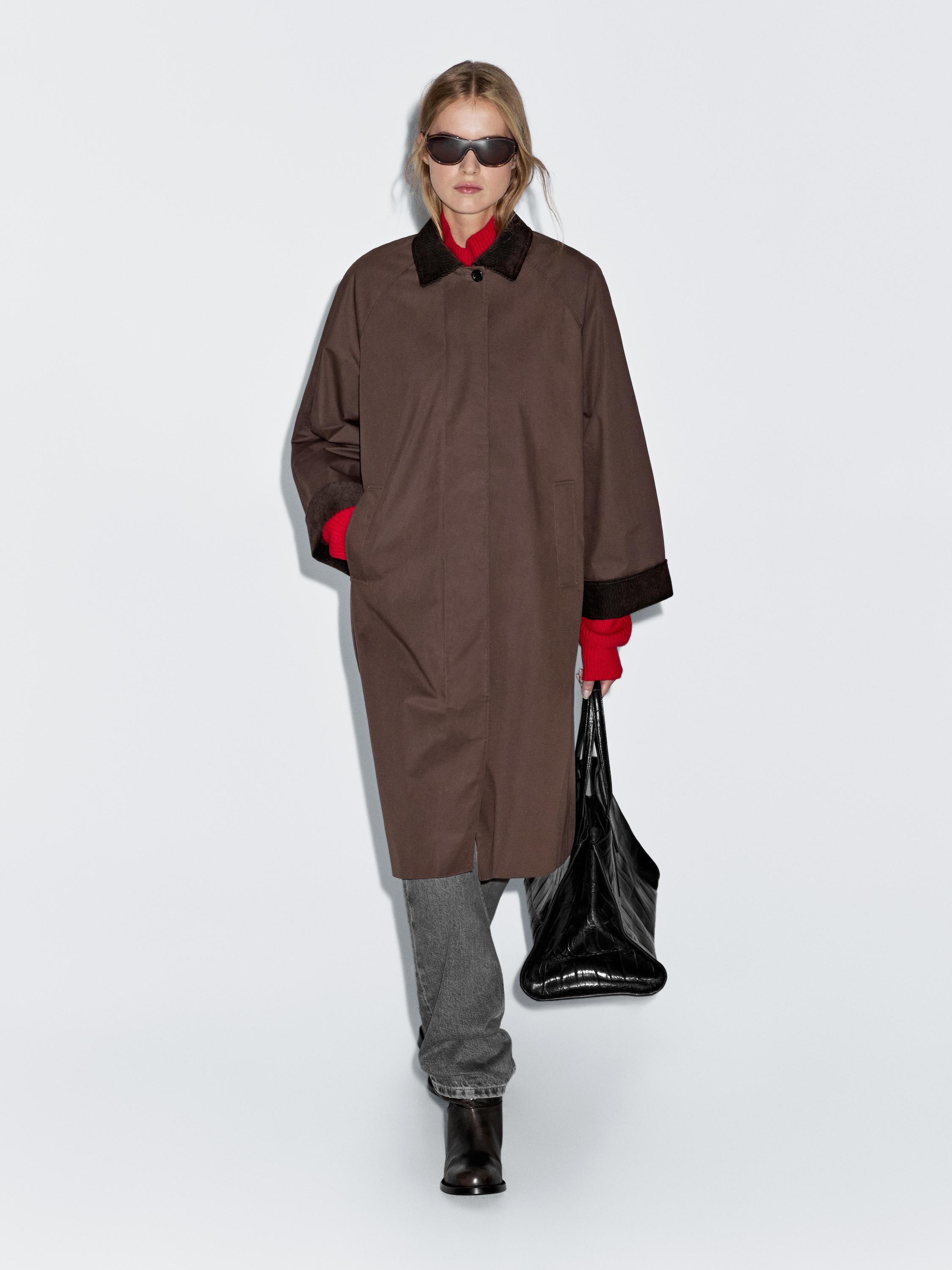 Long waxed parka with corduroy detail