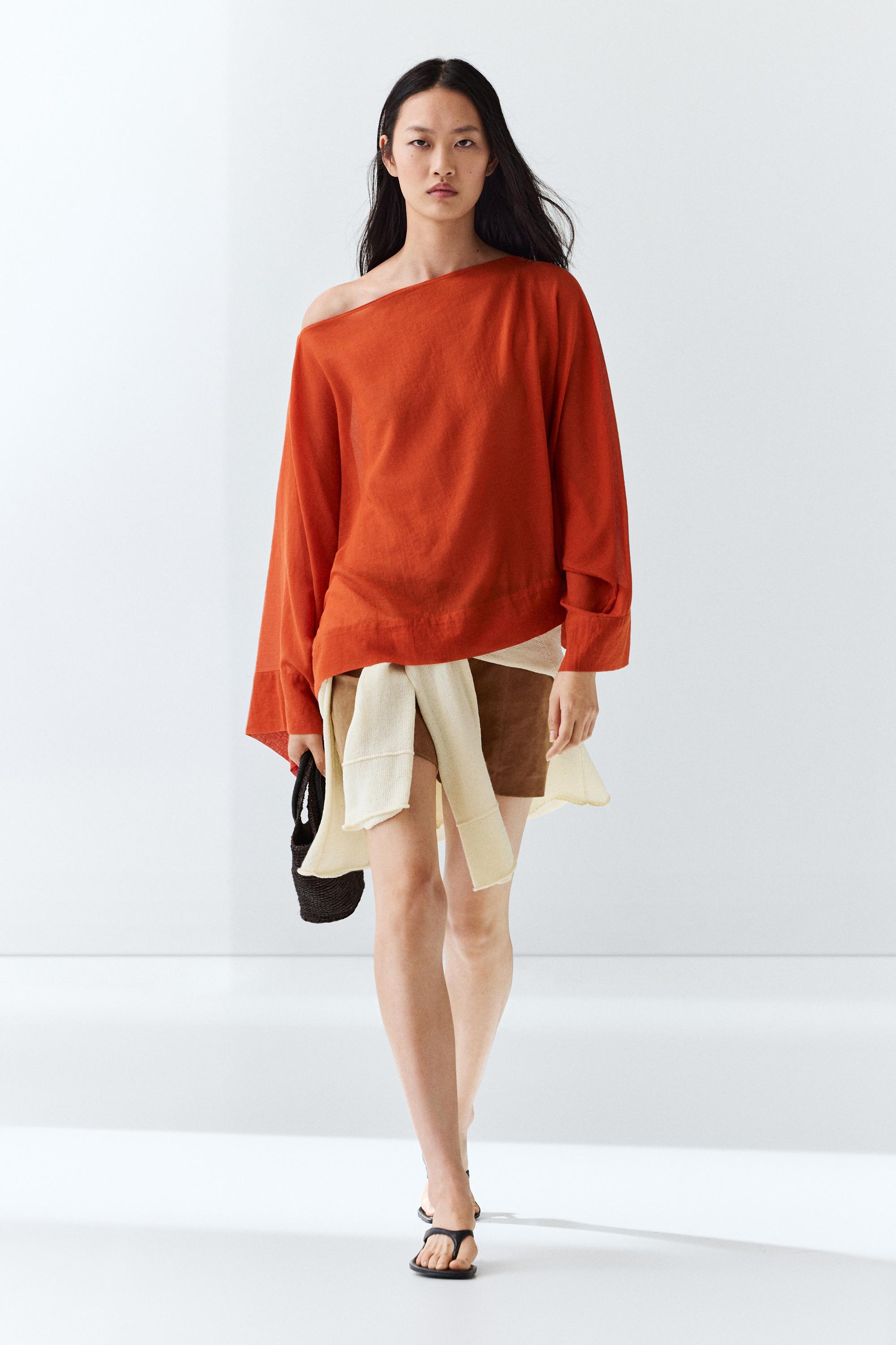 Flowing 100% cotton shirt with voluminous sleeves — BURNT ORANGE